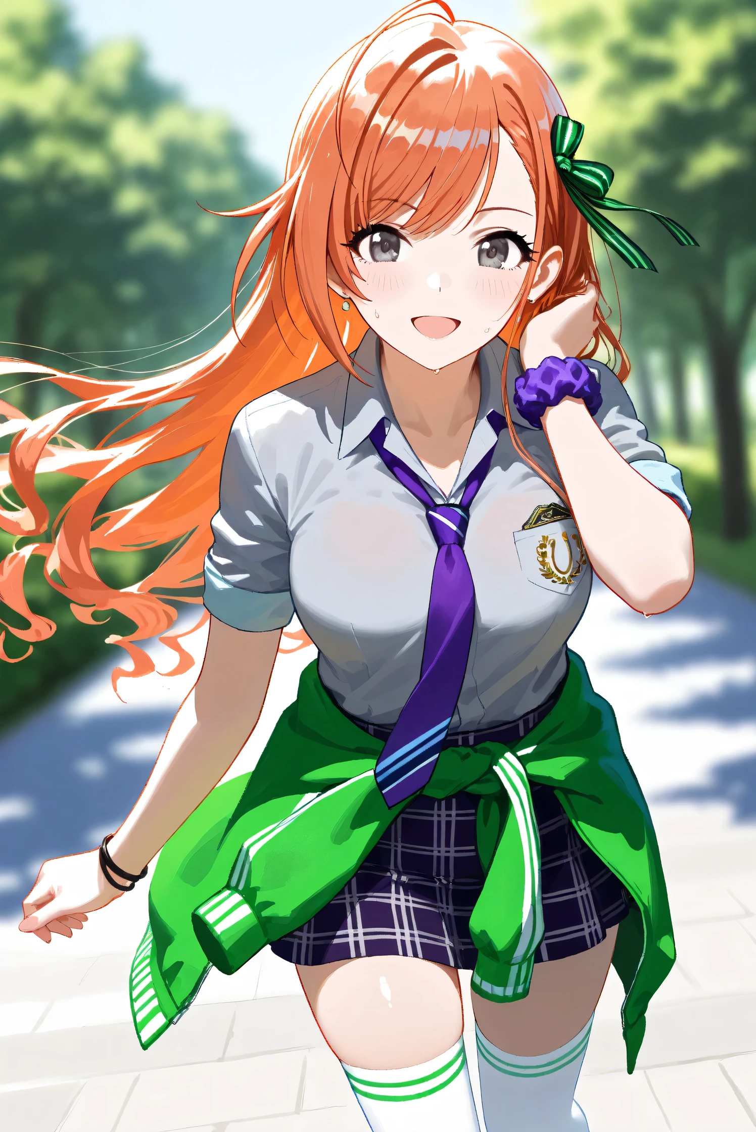 (Masterpiece), (Highest quality), (Very detailed),
(The best shape), (Best Shadow), (Absurd),
(Detailed background), (So beautiful), Shiny ,
Extraordinary, Countershading, 8k, 32K, High resolution, Beautiful eyes in every detail,
Very Detailed CG, UHD,
Score_9, Score_8_up, Score_7_up, Source_anime,
(Pastel painting:1.2), (Watercolor painting:1.2),
(Masterpiece, Detailed:1.2), (Foreshortening:1.2),
Cinematic, Dramatic, (Depth of field:1.4),
(Blurry background:1.4), (Realistic background:1.4),
(Foreshortening:1.3),Dynamic angle, 1 girl,
Outdoor, Summer, Nature, Park, Wind,
Arisugawa Natsuha,
the idolmaster shiny colors,
natsuhaarisugawa, 1girl, solo, orange hair, long hair, ahoge, swept bangs, black eyes, busty, hair ribbon,
green ribbon,
(casual wear:1.3),
formal shirt, gray shirt, Short-sleeved shirt,
tie, purple tie,
miniskirt, (purple miniskirt:1.2), Check pattern miniskirt,
(thigh-high socks:1.2), white socks,
Tie jacket around her waist, (Souvenir Jacket:1.1), green jacket, white sleeves jacket,
Wear a scrunchie on her left wrist, purple scrunchie,
Portrait, Focus on face,
(Blush:1.3), Happy, Sweat,
Realistic skin, Shiny skin,
Touching her hair, talking to viewer,