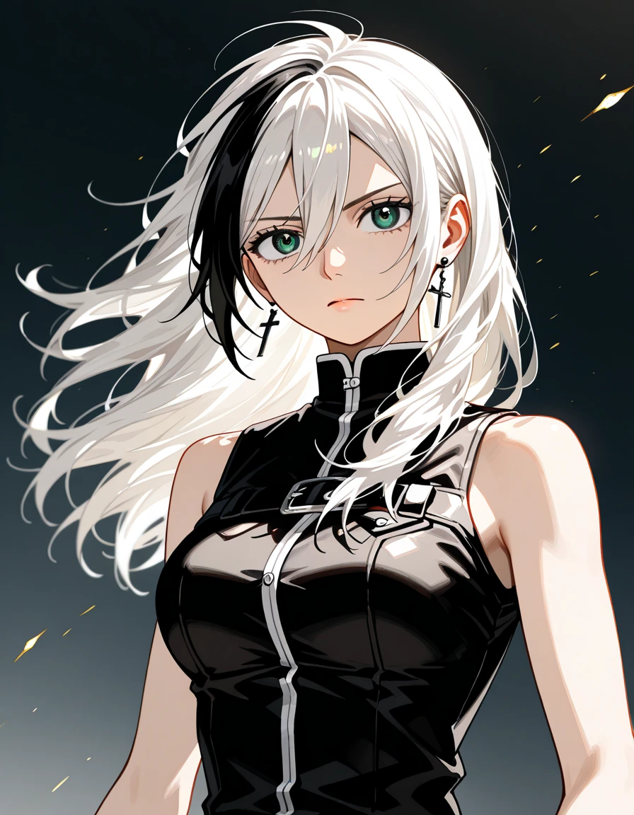 high quality, High detail, beautiful, beautiful face, White skin, Sleepy eyes, Iris, Calm face, Black eye patch on left eye, Medium length silver hair, slim, An athletic body, Black shirt with cut off sleeves、Black pants, Three swords at his waist, Holding a sword, Attack Position , Bloody background, Izumi Nishi from Chainsaw Man