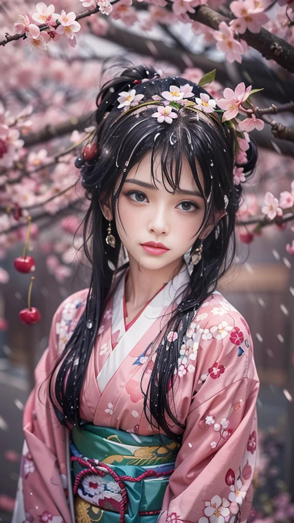 (32K, BEST QUALITY, masterpiece, photorealistic on the bed, super high resolution), ((Cherry Blossom Petals, Big Cherry Blossom Tree)), Highly Detailed Skin and Face Textures:1.3, perfect dynamic composition:1.4, (the night before a shrine in a modern city, Expressions of joy:0.8, crying, Aching Heart :1.0), after the rain, slim woman, white skin, wet body, wet hair, (Wearing a professional kimono, Holding a bouquet of wet cherry blossoms, wet white kimono),  beauty, perfect style, beautiful and aesthetic, medium ,   gap, (very pretty face:1.0, Beautiful  eyes:0.8, Overly sensual:0.8, enchanting:0.8), earrings, wedding ring, Water droplets on skin