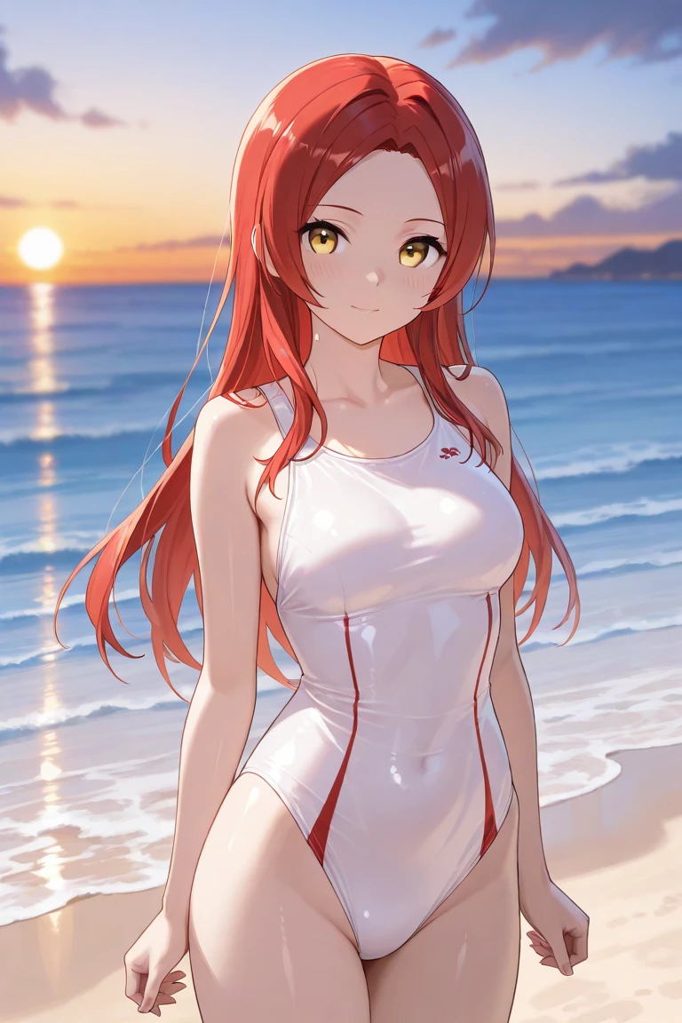 1garl、White One Piece Swimsuit、small tits、red blush