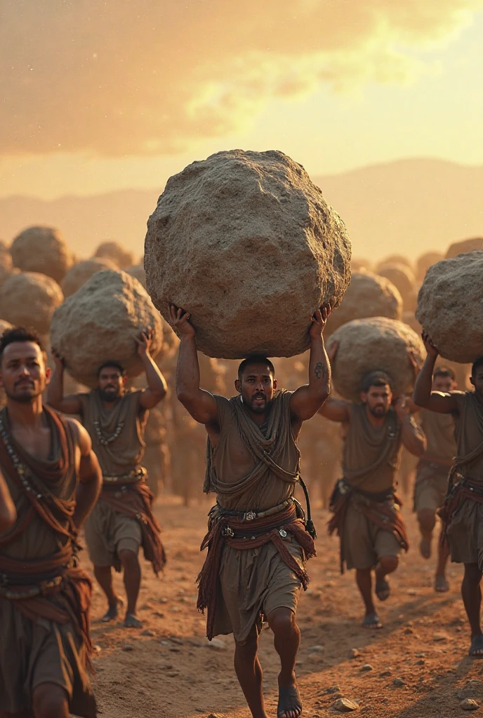 Ancient people pushing large stones up the mountain., in Ultra realistic style.
