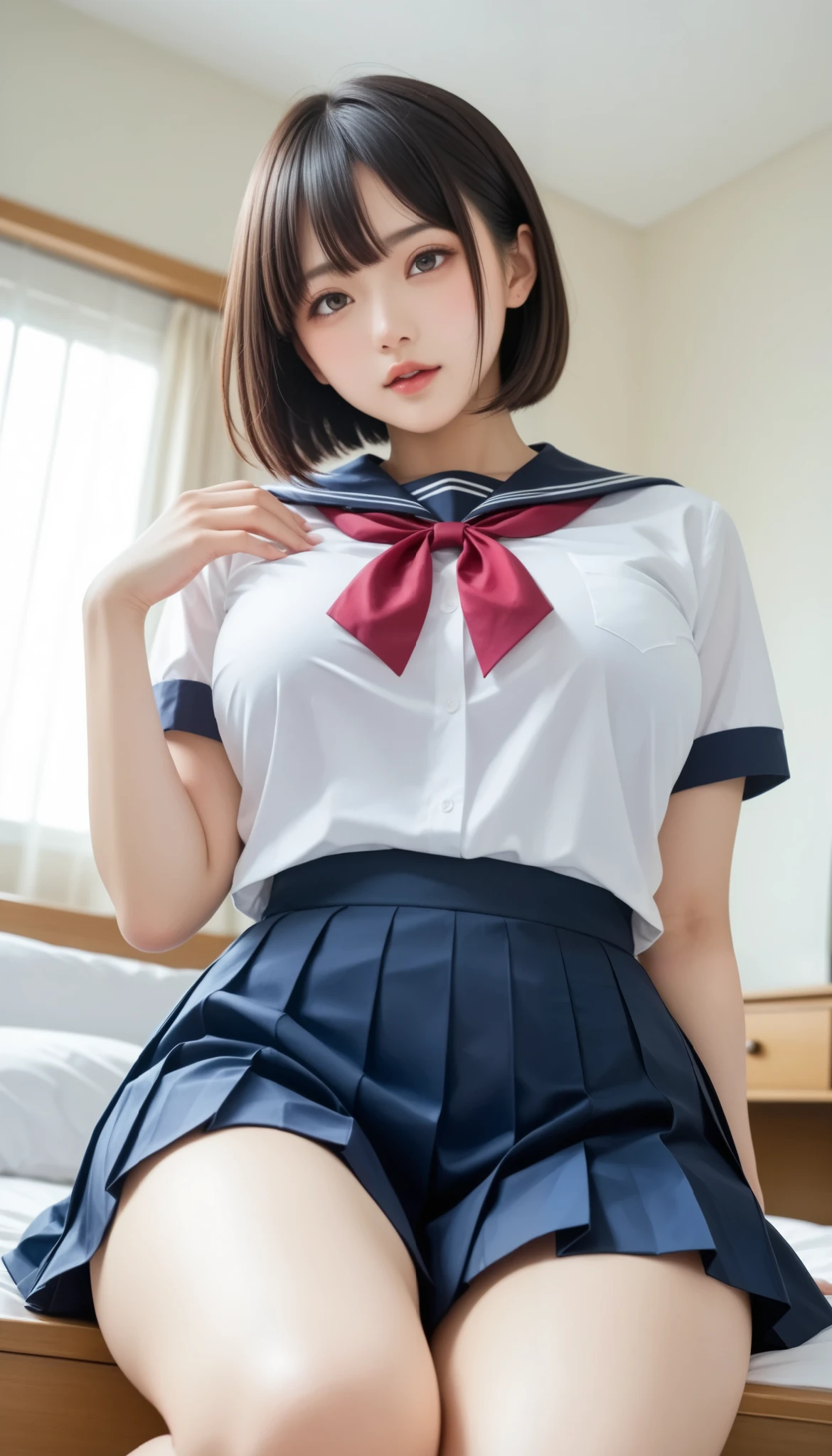 Big Breasts、((Japanese woman)) , (( white Y shirt))、(Curvy Body)、 sensual expression of a classy woman、((A slightly lower angle))、lightly 、I'm staring 、on the bed、looks up 、(is wearing a pleated skirt indoors) 、(thigh)、(( open))、(Panta close-up)、((high school uniform))(very short hair)、skirt flip、Panty Show、Curvy Bodyー、((no makeup、No makeup))