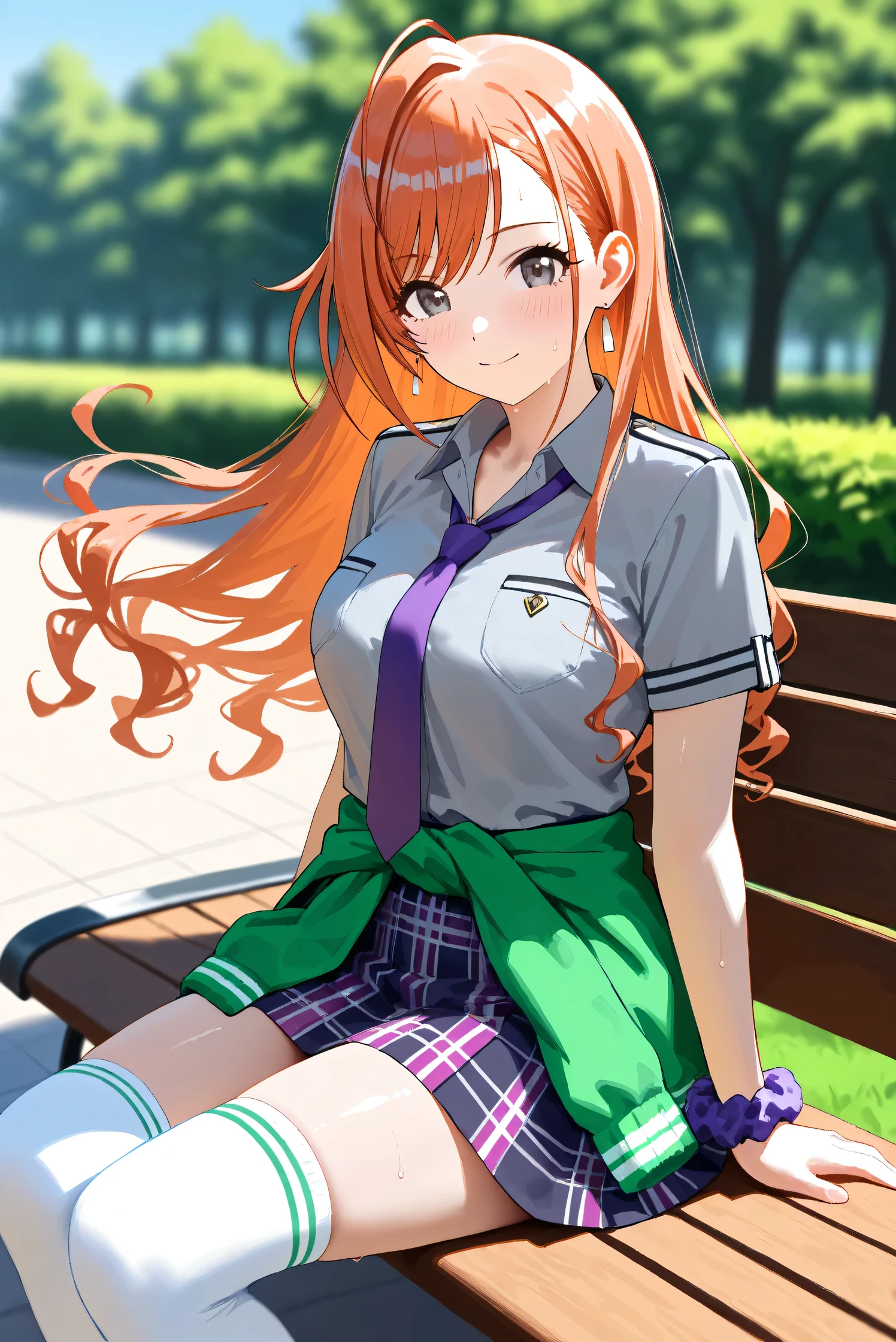(Masterpiece), (Highest quality), (Very detailed),
(The best shape), (Best Shadow), (Absurd),
(Detailed background), (So beautiful), Shiny ,
Extraordinary, Countershading, 8k, 32K, High resolution, Beautiful eyes in every detail,
Very Detailed CG, UHD,
Score_9, Score_8_up, Score_7_up, Source_anime,
(Pastel painting:1.2), (Watercolor painting:1.2),
(Masterpiece, Detailed:1.2), (Foreshortening:1.2),
Cinematic, Dramatic, (Depth of field:1.4),
(Blurry background:1.4), (Realistic background:1.4),
(Foreshortening:1.3),Dynamic angle, 1 girl,
Outdoor, Summer, Nature, Park, Wind,
Arisugawa Natsuha,
the idolmaster shiny colors,
natsuhaarisugawa, 1girl, solo, orange hair, long hair, ahoge, swept bangs, black eyes, busty, hair ribbon,
green ribbon,
(casual wear:1.3),
formal shirt, gray shirt, Short-sleeved shirt,
tie, purple tie,
miniskirt, (purple miniskirt:1.2), Check pattern miniskirt,
(thigh-high socks:1.2), white socks,
Tie jacket around her waist, (Souvenir Jacket:1.1), green jacket, white sleeves jacket,
Wear a scrunchie on her left wrist, purple scrunchie,
Portrait, Focus on face,
(Blush:1.3), Happy, Sweat,
Realistic skin, Shiny skin,
sitting on a bench,
talking to viewer,