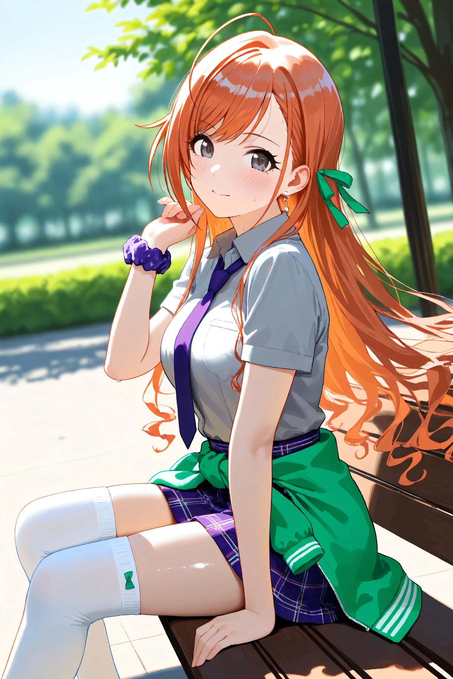 (Masterpiece), (Highest quality), (Very detailed), 
(The best shape), (Best Shadow), (Absurd), 
(Detailed background), (So beautiful), Shiny , 
Extraordinary, Countershading, 8k, 32K, High resolution, Beautiful eyes in every detail,
Very Detailed CG, UHD,

Score_9, Score_8_up, Score_7_up, Source_anime, 
(Pastel painting:1.2), (Watercolor painting:1.2),
(Masterpiece, Detailed:1.2), (Foreshortening:1.2),

Cinematic, Dramatic, (Depth of field:1.4),
(Blurry background:1.4), (Realistic background:1.4),
(Foreshortening:1.3),Dynamic angle, 1 girl,
Outdoor, Summer, Nature, Park, Wind,

Arisugawa Natsuha,
the idolmaster shiny colors,
natsuhaarisugawa, 1girl, solo, orange hair, long hair, ahoge, swept bangs, black eyes, busty, hair ribbon,
green ribbon,

(casual wear:1.3),
formal shirt, gray shirt, Short-sleeved shirt,
tie, purple tie, 
miniskirt, (purple miniskirt:1.2), Check pattern miniskirt,
(thigh-high socks:1.2), white socks,
Tie jacket around her waist, (Souvenir Jacket:1.1), green jacket, white sleeves jacket,
Wear a scrunchie on her left wrist, purple scrunchie,

Portrait, Focus on face,
(Blush:1.3), Happy, Sweat,
Realistic skin, Shiny skin,
sitting on a bench,
talking to viewer,