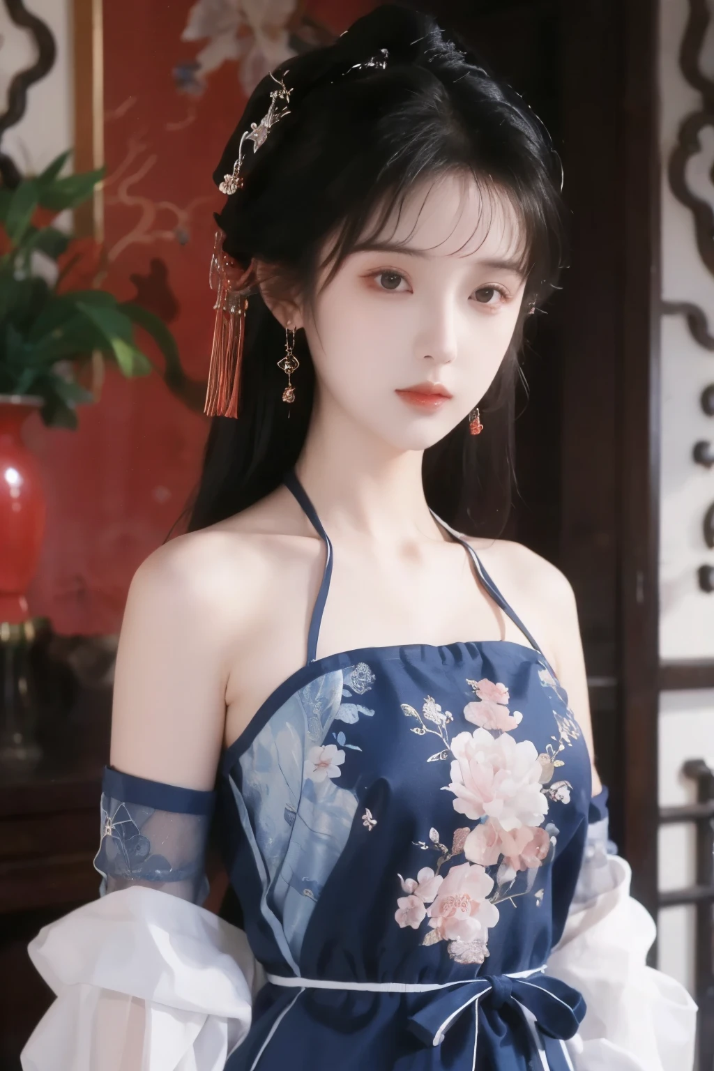( masterpiece, Top Quality, best quality, official art, beautiful and aesthetic:1.2), (1 Girl:1.3), flat chest, extremely detailed,(Fractal Art:1.1),(Flowers:1.3),Highest Detail,(dynamic pose), (background:1.3), (Traditional Chinese blue and white clothing:1.2), (Glossy Skin), ( many colors :1.4), ,(earrings:1.1),