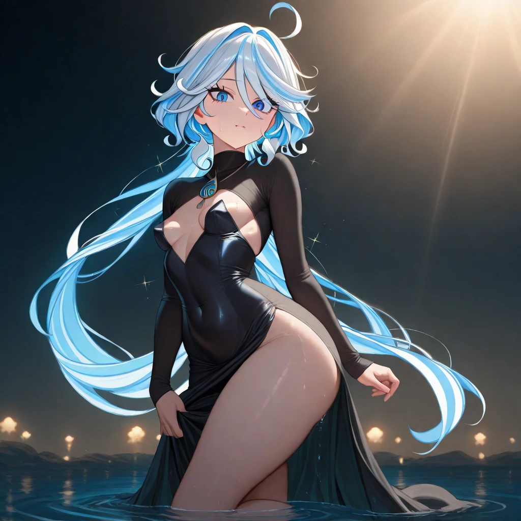 a moonlight halo over the girl's head. Night. Beautiful face and body. Smile. Solo. Full body. Water. Blue eyes. Long eyeleshes. Cute face.