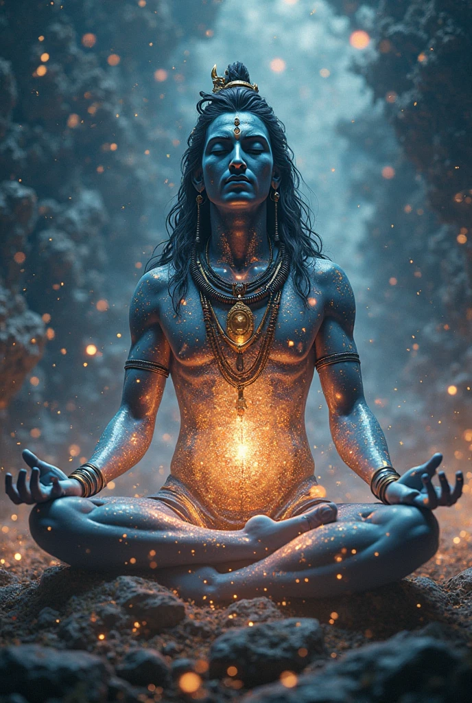 Transcendence of Shiva": A mystical depiction of the Hindu deity Shiva meditating in a serene setting, surrounded by elements representing balance, light, and knowledge parola art and with patterns painting .