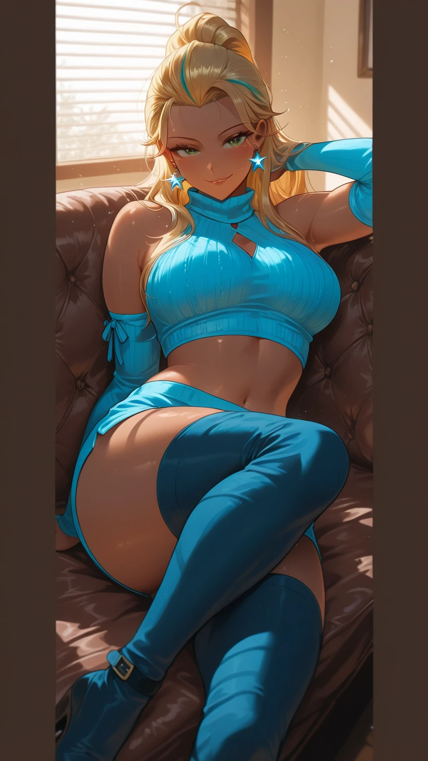 Masterpiece, best quality, ultra detailed, 1girl, arm support, bare shoulders, between legs, blonde hair, blue eyes, cleavage cutout, closed mouth, clothing cutout, earrings, fishnets, hair ointment, hair over one eye, hand between legs, jewelry, looking at the viewer, large breasts, light blush, long hair, no panties, ponytail, sitting, skindentation, solo,yamanaka ino, mature sexy female, yellow hair, long ponytail, hair over one eyes(extends till upperlip), nude, midriff, fishnets to elbows and knees