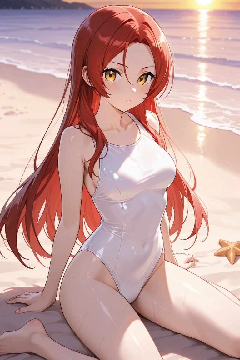 high school girl，Lewd，White swimsuit，Light red hair，Sexy pose，