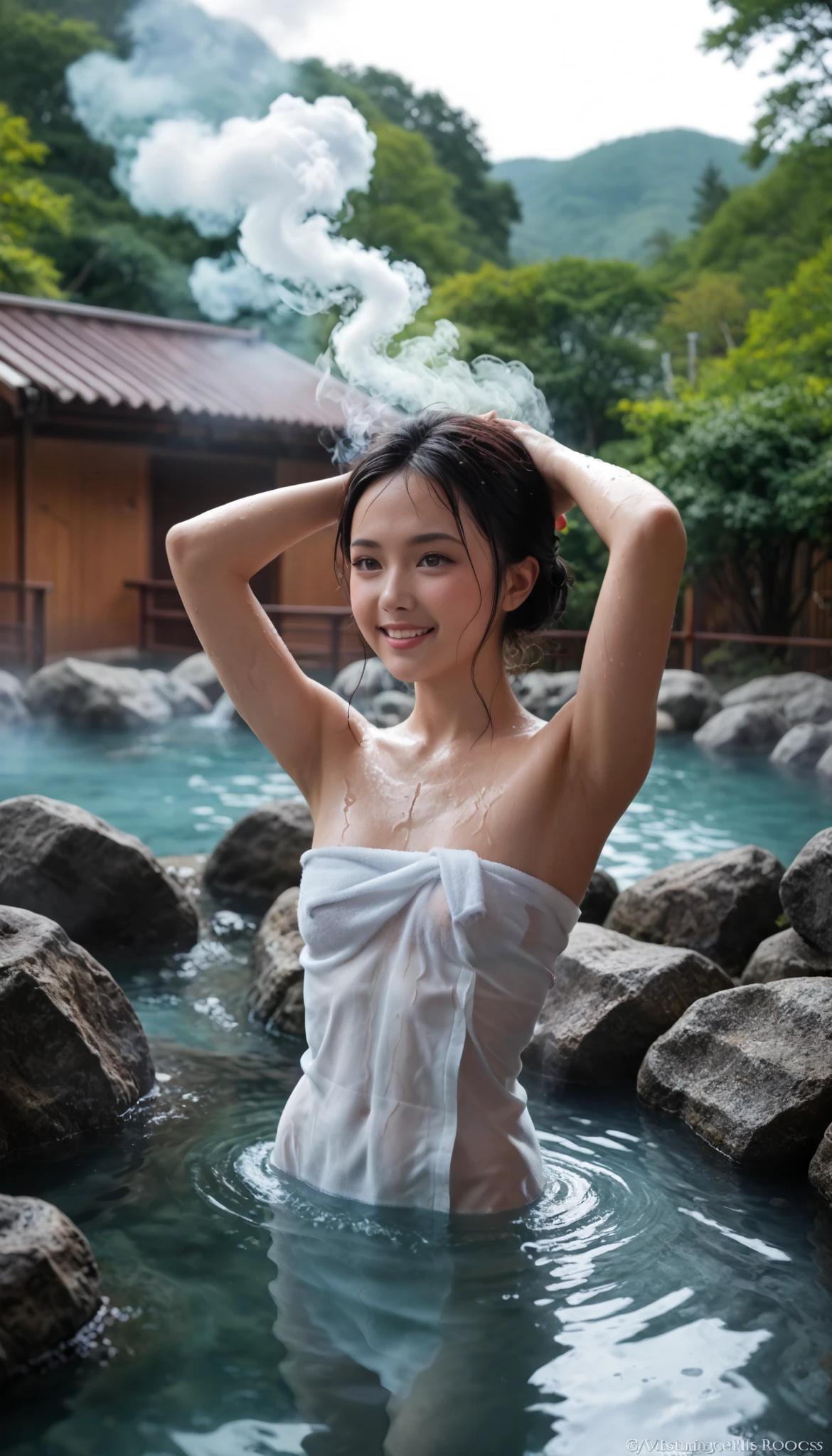 BEST QUALITY 、high quality of wavy lines 、 最high resolution、high resolution、8K quality、high image quality 、BEST QUALITY、 masterpiece 、Immersive video、 very realistic images 、Realistic painting、 perfect details 、 high contrast 、High fidelity、 perfect picture without blur、Close to reality、 images reproduced in every detail、 detailed and realistic weapon 、 detailed and realistic human skin 、 realistic face down to the smallest detail、 Realistically detailed eyes 、 realistic lips drawn down to the smallest detail 、 Detailed and real teeth、Realistic ears、 Realistic hair 、((Japanese Models))、((Junior Idol))、((middle school girls))、((cute face))、((black hair))、((small breasts))、((petite figure、slim figure))、(((Wet skin all over)))、((Deep in the forest))、((A natural hot spring springs forth ))、(( Hot springs surrounded by rocks))、((Deep Hot Springs ))、((The open-air bath is surrounded by a Japanese garden and large rocks))、(((standing in the water)))、(((Lower body submerged in water)))、(((Partially submerged body)))、(((Put Your Hands Behind Your Head,Sexy Standing Poses)))、((( I can see through my skin.wrapping a wet towel around her body )))、((( I can see through my skin. a transparent towel wrapped around her body )))、(( Naked towel digging into breasts ))、(((Steam from the surface of the water)))、((fog:2.1))、( steam rises :1.8)、(( subject close-up ))
