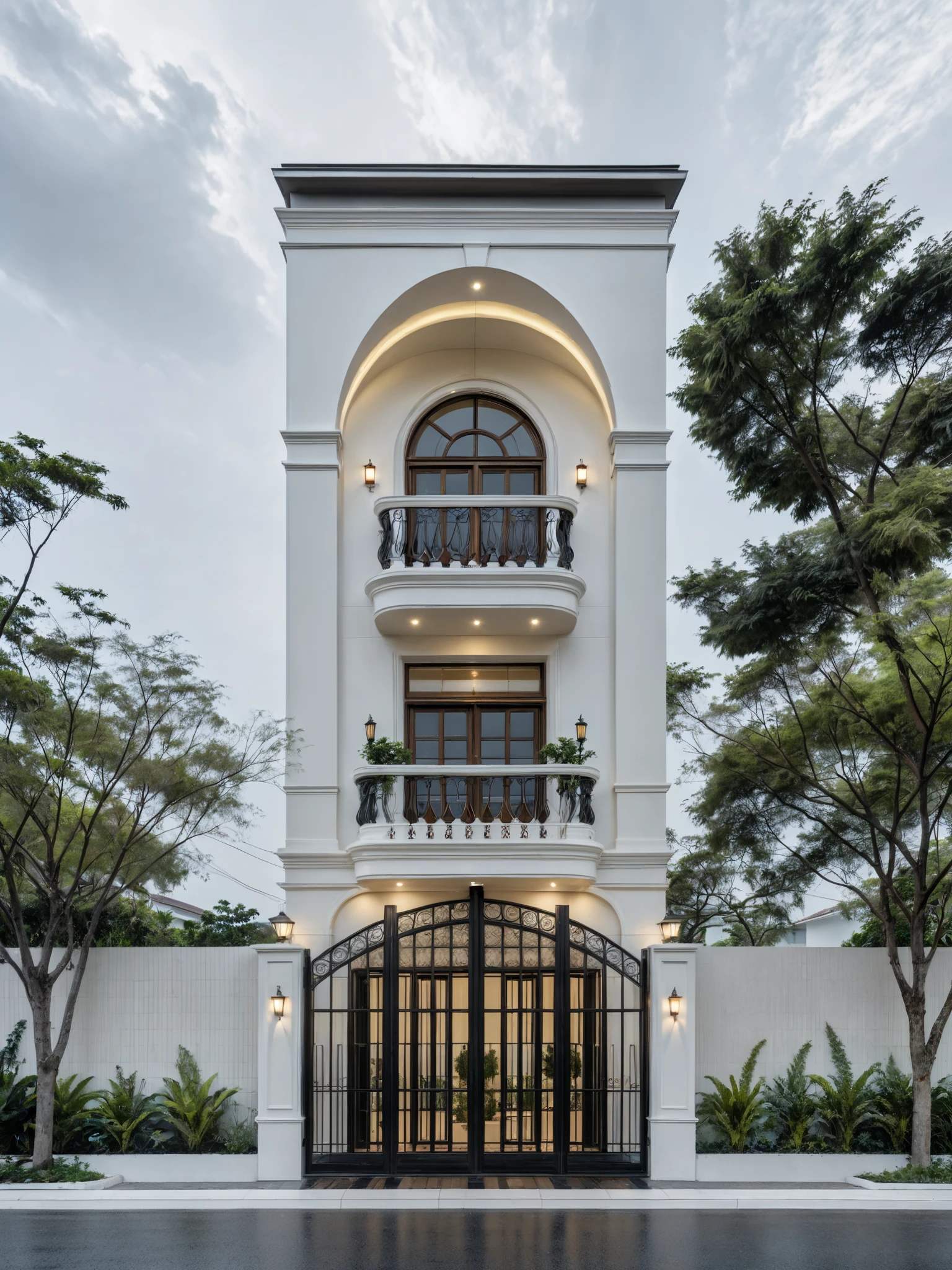 RAW photo, a photo of a classic house, (curvilinear architecture:1.4), rounded wall , white wall , steel dark gate , sidewalk, sidewalk, trees, road, viet nam modern residence, ((architectural shot)), modern house, new residential area, wide angle exterior 2022, contemporary house, exterior photography, masterpiece, contemporary architecture, overcast, indirect lighting, rainy road,