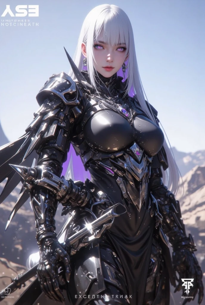 A stunning 3D render of a dark elf, showcasing the talents of top artists in the realm of realistic, fashion-forward illustrations. The voluptuous and slender dark elf dons intricate, form-fitting armor adorned with intricate patterns and details. A large, two-edged sword is slung across her back, while her busty figure is accentuated by the armor's design. Her piercing gaze and soft smile are framed by her big, gorgeous eyes. Set in a castle compound, the scene exudes a captivating blend of anime and fashion, creating a mesmerizing and alluring visual experience., anime, illustration, 3d render, fashion