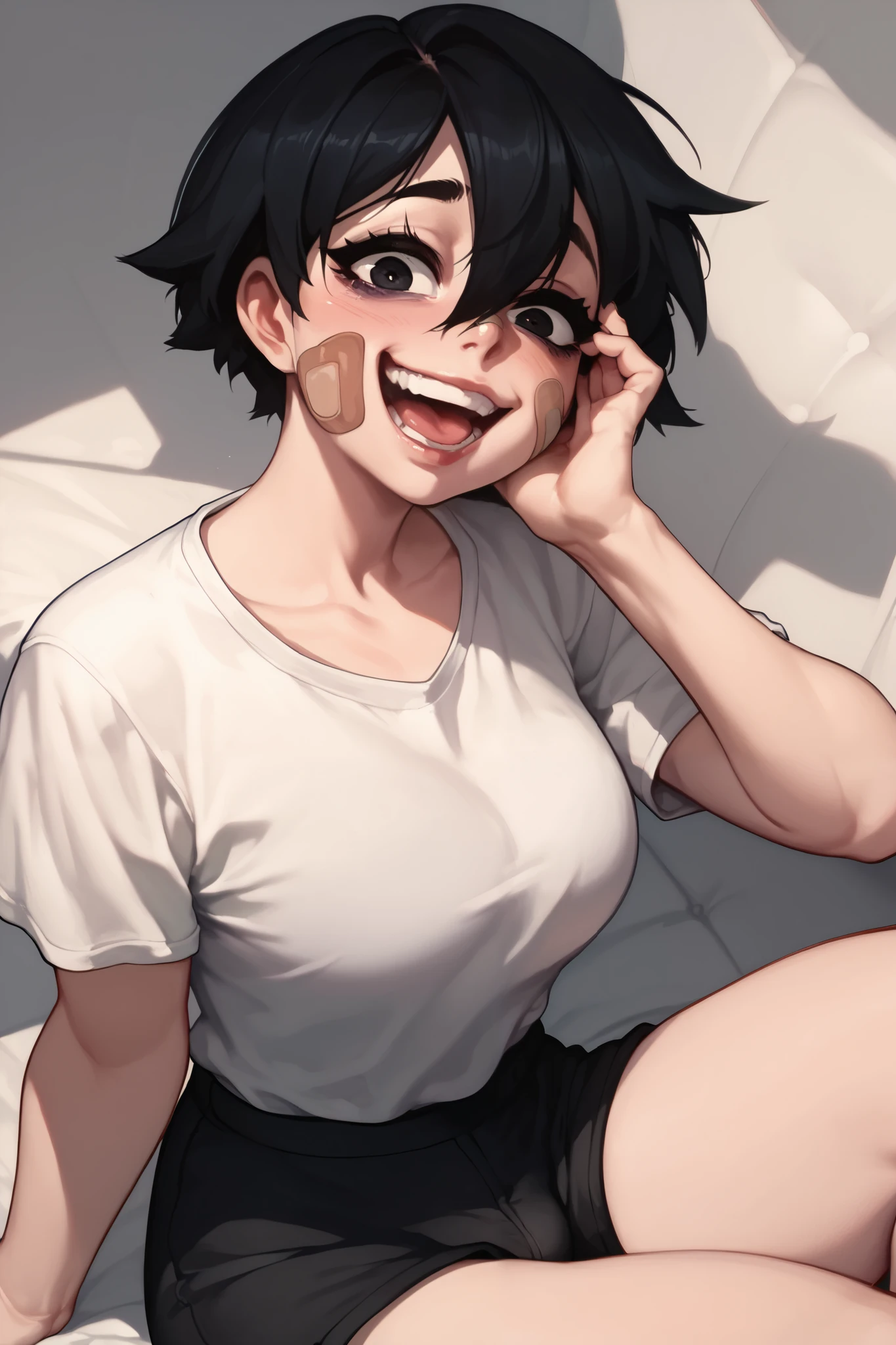 Futanari, black eyes, black hair, hair between eyes, short hair, bandaid on face, white shirt, black shorts, huge , whore face, blacked