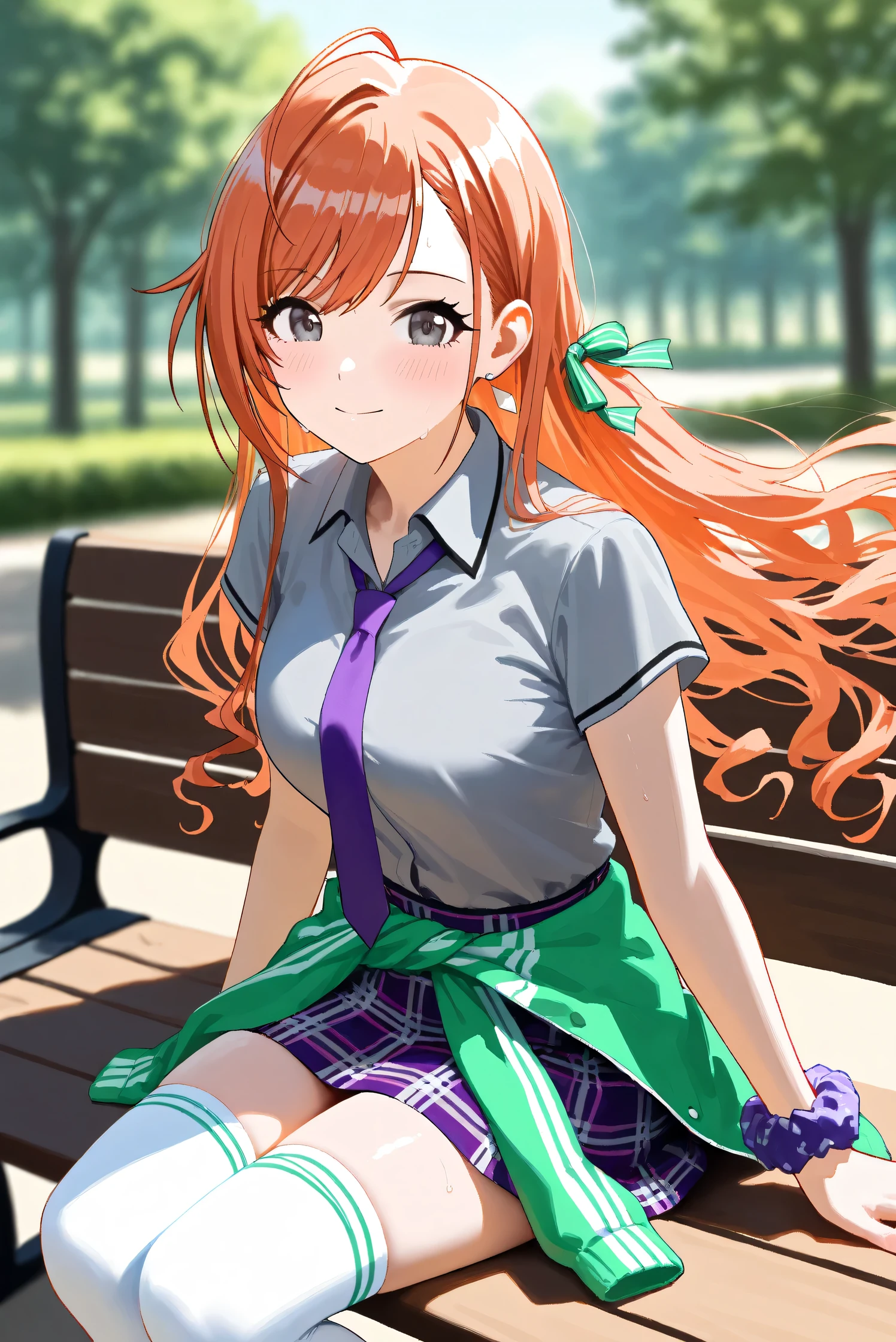 (Masterpiece), (Highest quality), (Very detailed),
(The best shape), (Best Shadow), (Absurd),
(Detailed background), (So beautiful), Shiny ,
Extraordinary, Countershading, 8k, 32K, High resolution, Beautiful eyes in every detail,
Very Detailed CG, UHD,
Score_9, Score_8_up, Score_7_up, Source_anime,
(Pastel painting:1.2), (Watercolor painting:1.2),
(Masterpiece, Detailed:1.2), (Foreshortening:1.2),
Cinematic, Dramatic, (Depth of field:1.4),
(Blurry background:1.4), (Realistic background:1.4),
(Foreshortening:1.3),Dynamic angle, 1 girl,
Outdoor, Summer, Nature, Park, Wind,
Arisugawa Natsuha,
the idolmaster shiny colors,
natsuhaarisugawa, 1girl, solo, orange hair, long hair, ahoge, swept bangs, black eyes, busty, hair ribbon,
green ribbon,
(casual wear:1.3),
formal shirt, gray shirt, Short-sleeved shirt,
tie, purple tie,
miniskirt, (purple miniskirt:1.2), Check pattern miniskirt,
(thigh-high socks:1.2), white socks,
Tie jacket around her waist, (Souvenir Jacket:1.1), green jacket, white sleeves jacket,
Wear a scrunchie on her left wrist, purple scrunchie,
Portrait, Focus on face,
(Blush:1.3), Happy, Sweat,
Realistic skin, Shiny skin,
sitting on a bench,
talking to viewer,
