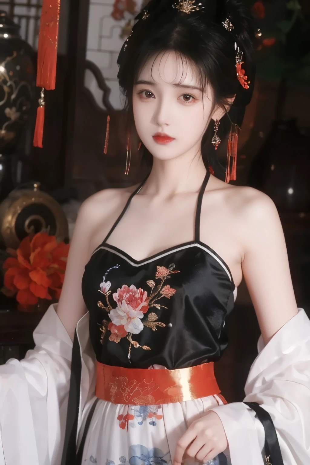 ( masterpiece, Top Quality, best quality, official art, beautiful and aesthetic:1.2), (1 Girl:1.3), flat chest, extremely detailed,(Fractal Art:1.1),(Flowers:1.3),Highest Detail,(dynamic pose), (background:1.3), (Traditional Chinese blue and white clothing:1.2), (Glossy Skin), ( many colors :1.4), ,(earrings:1.1),