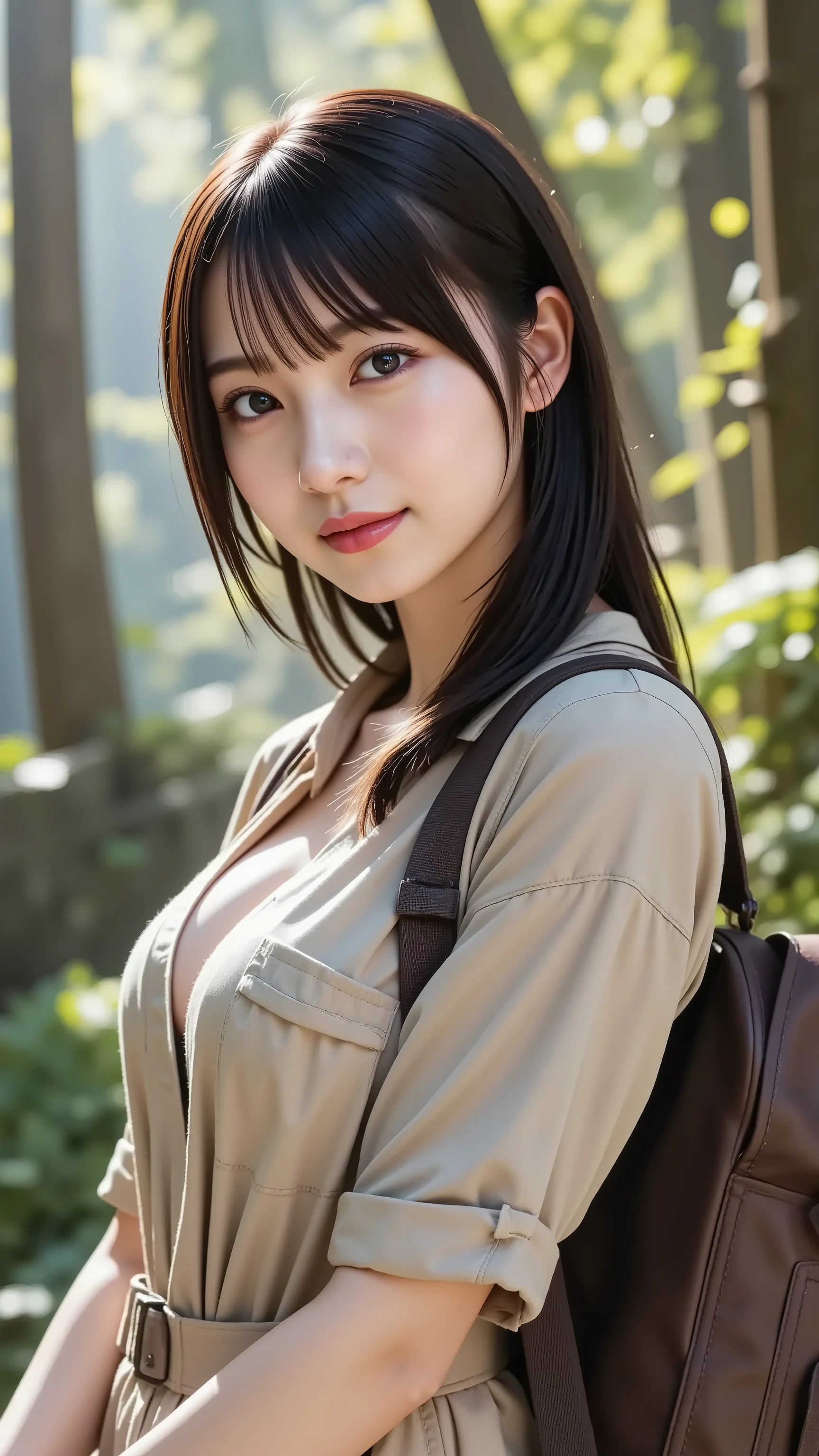 big breast, A medium close-up shot, ultra-realistic digital illustration of a young Asian woman centered in the frame. She has long, silky black hair tied into a low ponytail, with soft bangs framing her face. Her skin glows under the warm sunlight, with a natural sheen from the humid jungle air.巨乳
She wears a light beige short-sleeved utility shirt with camouflage shoulder patches and rolled-up sleeves. The shirt is boldly unbuttoned, revealing the chest. A dark brown leather belt is partially visible, securing the equipment. A sturdy brown backpack with adjustable straps shows signs of having been worn. Fingerless leather gloves protect the hands, and a lightweight scarf is draped around the neck.
The background depicts a dense, tropical jungle filled with towering trees, hanging vines, and lush greenery. Sunlight filters through the thick canopy, casting dappled patterns on her and the surrounding foliage. Mist rises from the ground, illuminated by beams of light breaking through the dense vegetation. Ancient stone ruins partially covered in thick foliage are faintly visible in the distance, adding a sense of mystery.
The composition is well-balanced, with her upper body and face positioned centrally while allowing enough background detail to capture the jungle atmosphere. The natural lighting enhances the textures of her clothing, the fine details of the foliage, and the depth of the scene. The image is rendered in stunning 8K resolution, ensuring lifelike clarity and breathtaking realism.