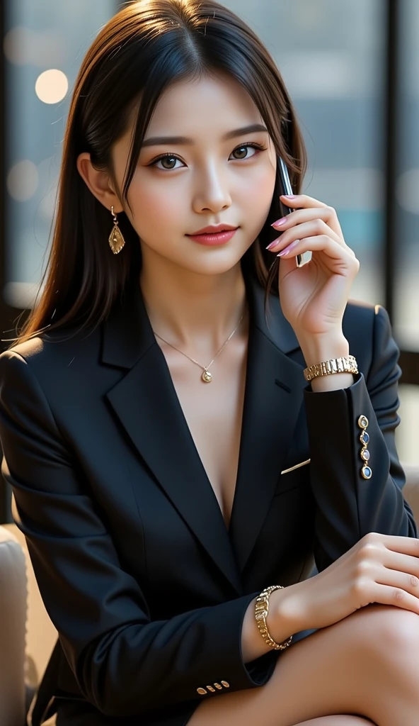 Beautiful girl smiling in black suit at guesthouse