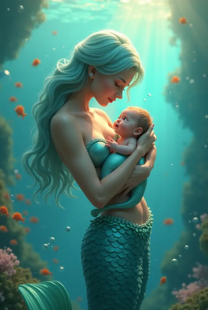 Black mermaid baby with her Asian mother