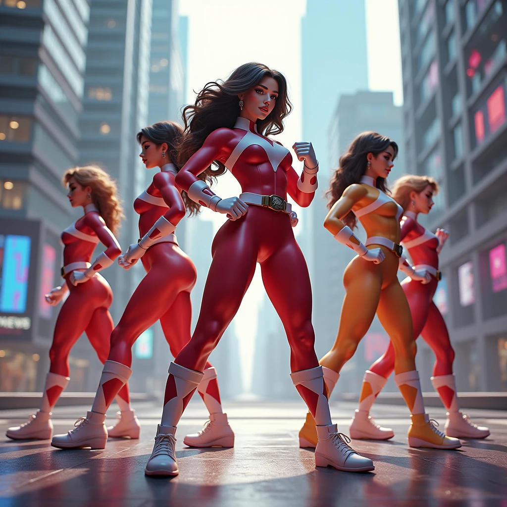 John Busema (John Buscema) Best Style ,A powerful female superhero wearing red, In the sky of a bustling metropolis，She is beautiful and sexy，Overlooking everything(whole body) ，whole body照, Hero Action Poses, Cinematic, Ultra Detailed, 16k resolution):