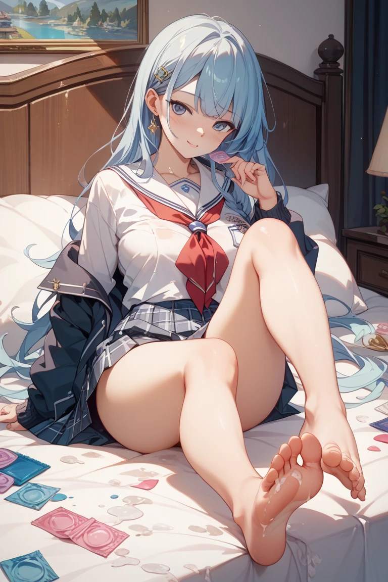 full body, , tits , blue hair. green eyes. smirk , happy , perfect feet, perfect toes, , toe nails, sexy school outfit, ankle chain, detailed feet, realistic feet
