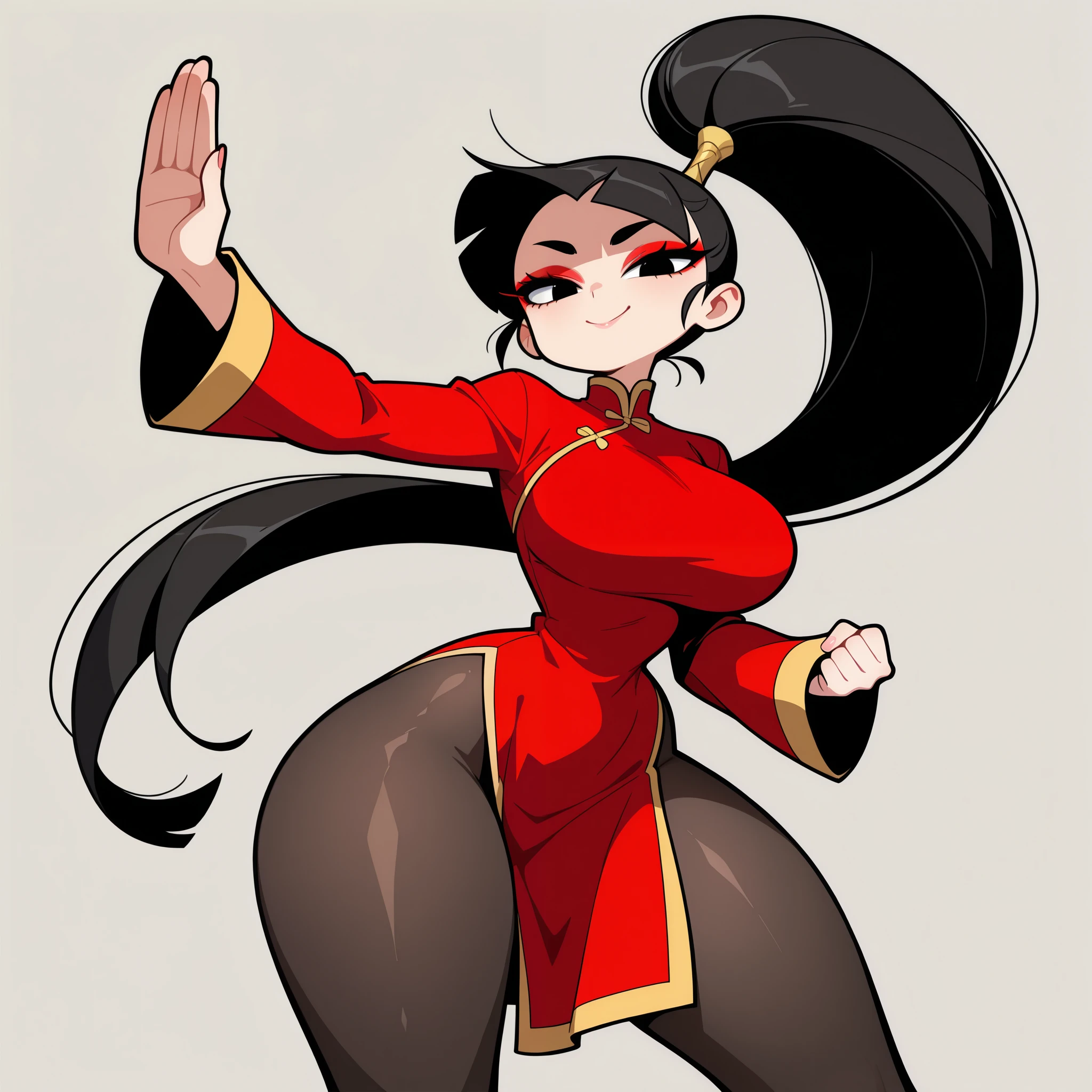 1girl, diives, solo, very long black hair, ponytail, blunt bangs, black eyes, makeup, eyelashes, eyeshadow, big breasts, narrow waist, wide hips, thighs, red qipao dress, long sleeves, black pantyhose, smile, frown, cute, fight stance, martial arts, standing, looking at viewer, simple background, from the front view