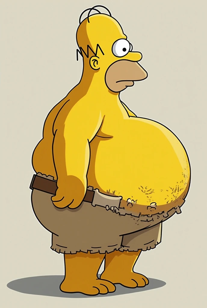 Homer Simpson A highly realistic photo of a very obese man, shirtless, wearing shorts and sneakers. The image clearly shows the folds of his belly and sagging chest. He is walking on the beach. The photo should be of high quality.
