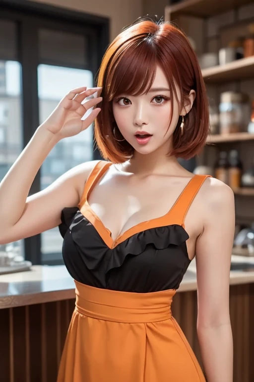 tmasterpiece, best qualtiy, hight resolution, girl with, orange color hair, 独奏,breast patches,pantiess, side poneyTail, orange color hair, short detailed hair, ssmile, outside of house,Little Breast, External expansion of the chest,NFSW、No bra、toppless、full bodyesbian
