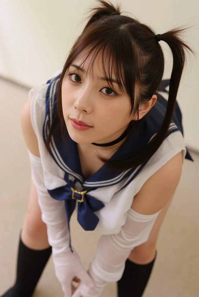 (8k、Ultra-high resolution、Highest quality、Masseter muscle area、Photorealistic、Ultra-high resolution)、(Clothes that accentuate the shape of the breasts:1.0)、(Small breasts :1.3)、(Small Tits、Quite small breasts、Beautiful ass:1.18)、(Sit with your legs slightly apart、Put your hands on your knees)、(Black hair twin tails:1.15)Japanese women、So cute、meaty belly、Chubby belly、((((Sailor suit))))、(((Navy Blue Skirt)))、(((White and light blue panties)))、((((White loose socks))))、((((Brown leather shoes))))、(Outdoor Roads)、((((Low - Angle))))、