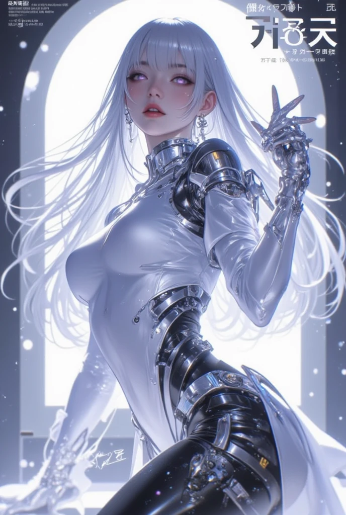 Best image quality, floating sofa, wearing silver tights with chrome plating effect, holographic effect, with white shiny skin, intense highlights and silver sparkle, a woman, with high heels and red lips, starry sky background, blue tones, cold tones, psychedelic feeling, extremely low shooting angle, detailed lighting.