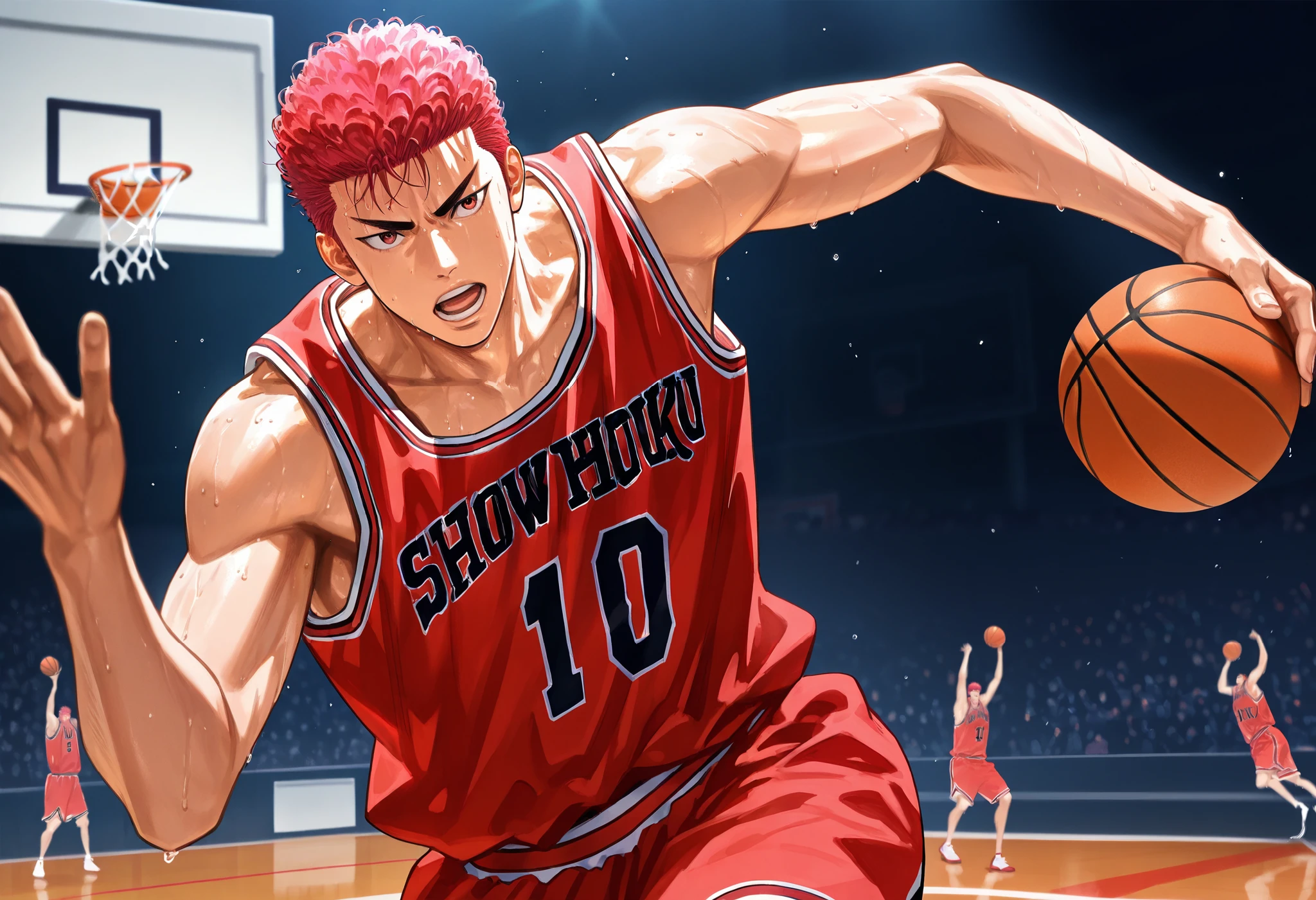 A boy, solo, Sakuragi Hanamichi(from the anime Slam Dunk), all body, show the whole body, is wearing a tracksuit, playing basketball, with a basketball court in the background, cheering spectators, sweat, elegant posture, handsome face, good looks, masterpieces, the best quality, HD details, very beautiful.