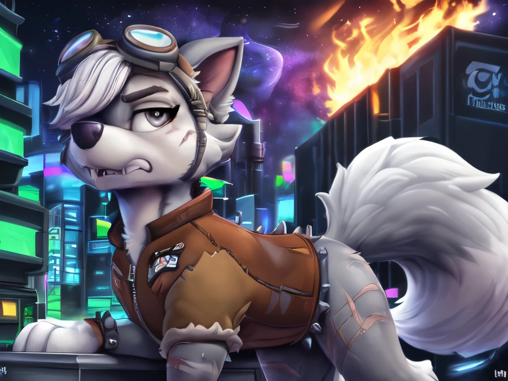 Gasket, ((Paw Patrol)), ((female solo)), domestic dog, female, adult female, brown eyes, (((gray fur)), ((gray body)), (wearing brown leather jacket:1.25), (wearing spike wristband:1.25), (feral:2.25) (quadruped:2.25), (hair over eyes:1.25), (white hair:1.25), ((sharp teeths)), ((large fangs)), gray eyes, (Shiny eyes:1.6), ((Pixar eyes)), perfect eyes, ((glowing eyes)), (hyper realistic:1.65), long fluffy tail, very large tail, tail up, very furry and fluffy, ((very large fangs)), perfect ligthing, (Cyberpunk city at night background:1.25), (building at fire at background:1.65), (back side view:1.45), looking at Viewer, ((seductive break)), ((spread legs)), spread legs, (rajii:1.1) (dimwitdog:1.1), (thesecretcave:1.25), (cooliehigh:1.1), (miles-df:1.1), (complextree:1.1), (pixelsketcher:1.1), (foxovh:1.1), (zaush:1.1), (avante92:0.70), (meesh:1.1), (inu-sama:0.80), (cervina7:1.1), (F-R95:0.70), (R-mk:1.1), (xpray:1.1), (standing tall:1.65), (large fluffy tail:1.65), (close up to face:1.25), (pissed off expression:1.45), (scars all over her body:1.65), (wearing long goggles over head:1.65), (starry:1.25), (nebula:1.25),