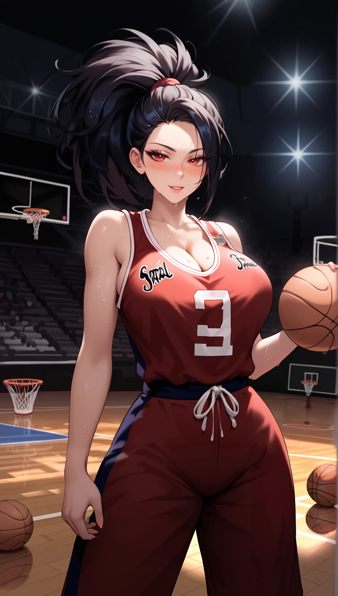 Masterpiece: 1.2, best quality), realistic, (real picture, rich details details, depth of field), (1girl, solo), makeup, cleft lip, high detail, perfect face shape, (big breasts: 1.4), (skindentation), slender thighs, Sexy hips, thin waist, tall, coral, red lips, red eyes, high ponytail, long hair ((((Girl playing basketball, transparent black basketball suit)))), (sweat: 1.2), (wet), sexy, blush, sweaty, big breasts, craving