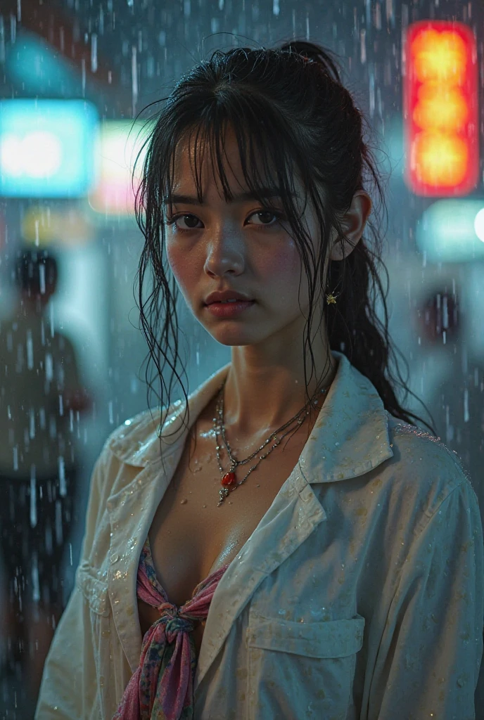 (RAW shooting, Photoreal:1.5, 8K, highest quality, masterpiece, ultra high resolution), perfect dynamic composition:1.2, Night street corner of a modern city, expression of sadness:0.5, (((Typhoon heavy rain))), Highly detailed skin and facial textures:1.2, Slim office lady wet in the rain:1.3, Fair skin:1.2, sexy beauty:1.1, perfect style:1.2, beautiful and aesthetic:1.1, very beautiful face:1.2, water droplets on the skin, (rain drips all over my body:1.2, wet body:1.2, wet hair:1.3, Wet tight skirt:1.2, wet office lady uniform:1.3), belt, (Medium chest, Bra is transparent, Chest gap), (cry, lovelorn, The expression on your face when you feel intense caress, Facial expression when feeling pleasure), (beautiful blue eyes, Eyes that feel beautiful eros:0.8), (Too erotic:0.9, Bewitching:0.9), cowboy shot, Shoulder bag, necklace, earrings, bracelet, clock