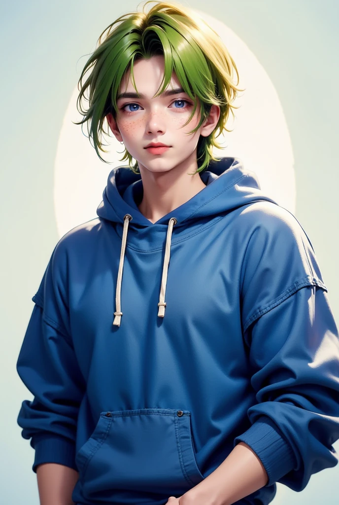 Navy blue hair，Green pick dye，Green eyes，younge boy，quadratic element