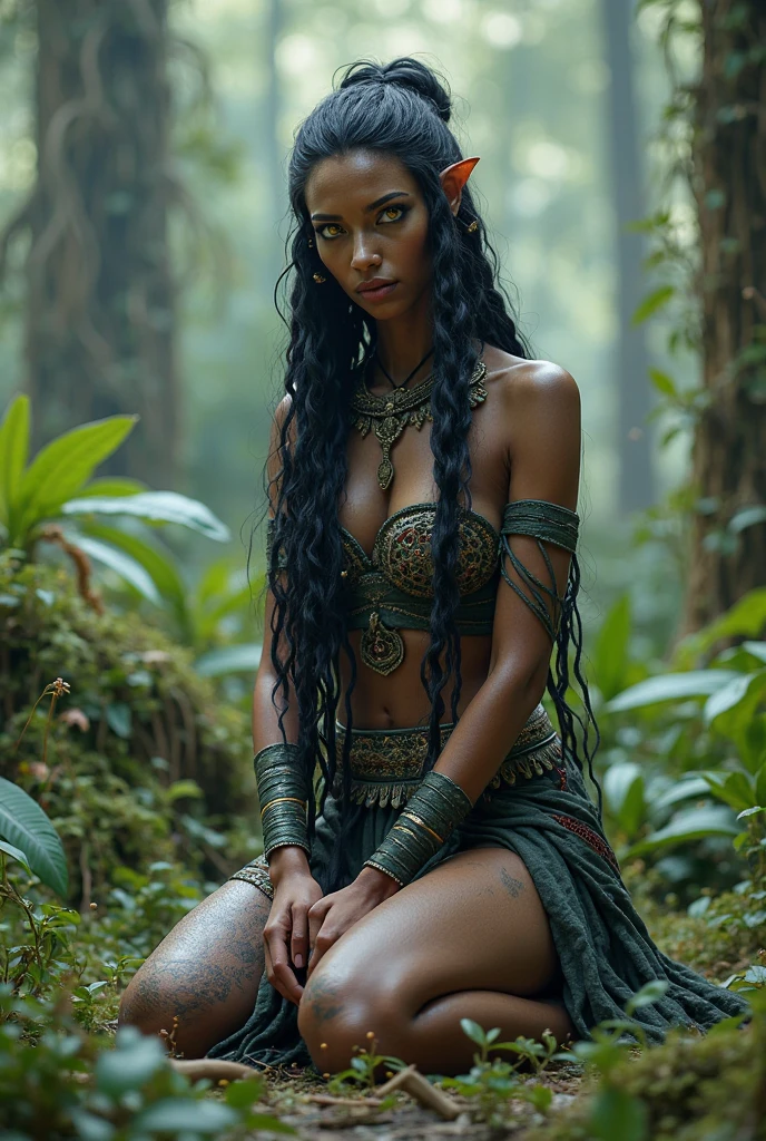 ((joyful ((athletic ((dark-skinned Honduran)) girl)) with (very long blue dreadlocks) (sitting in opulent throne) while peacefully observing the sunrise, (wearing detailed sheer sapphire-blue negligee), (wearing antique lace necklace), (detailed cannabis flower tattoos on arms and legs), plump legs spread apart, high quality photo, outside next to flowing riverbank with incense burning and (with many potted plants during foggy sunrise)