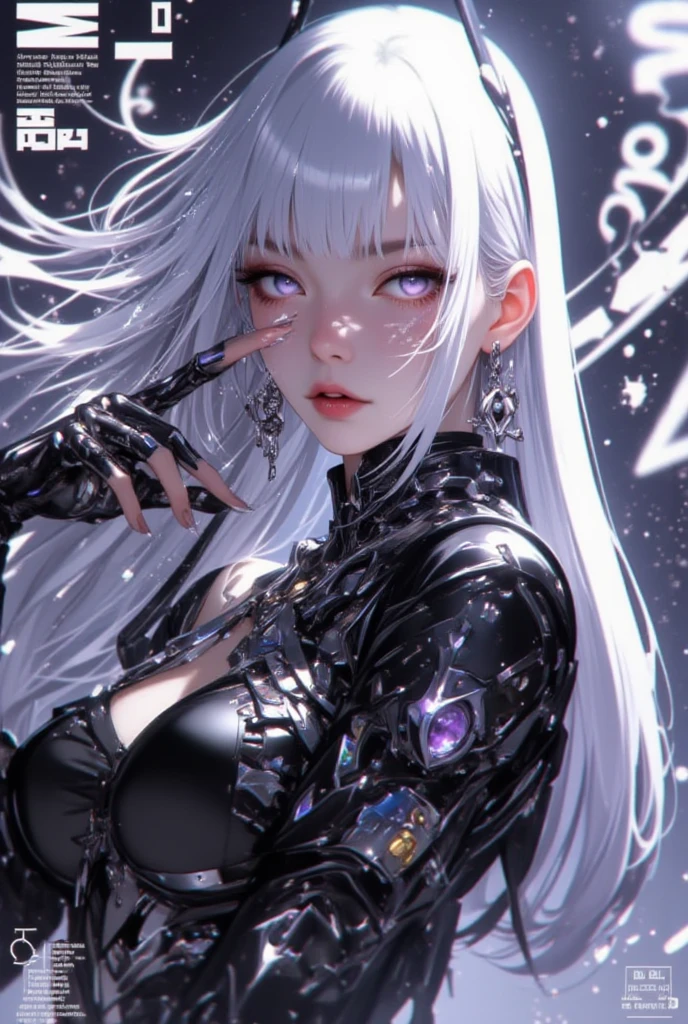 finest image, portrait, detailed and delicate depiction, a female warrior wearing a long black leather coat, sexy, beautiful, cute, abs, slender, amorous expression, lewd expression, light silver glossy braided bangs short hair, light blue sparkling big eyes, double eyelids, background Northern Renaissance style, galaxy, midnight city, ruins, piles of rubble, puddles, rainbow and gold neon light many lines, iridescent, magic circle, fantasy, professional lighting