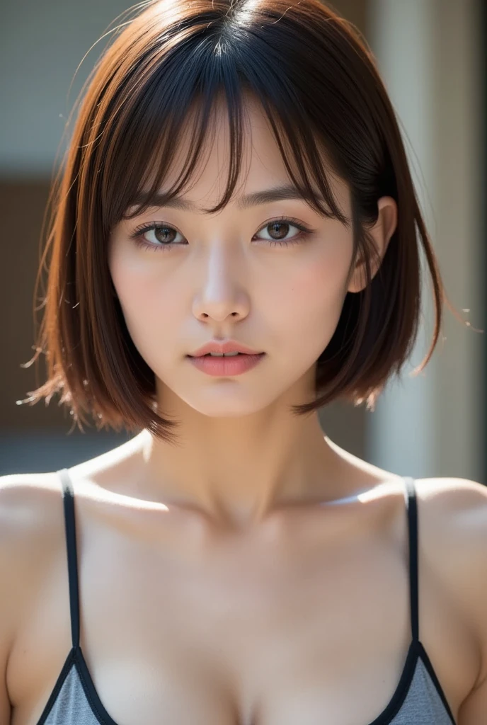 (8k, RAW Photo, Best Quality, Masterpiece:1.2), Ultra Detail, Super Resolution, (Realistic, Realistic Photo:1.37), Portrait, High Detail RAW Color Photo, Professional Photo, Extremely Detailed and Beautiful, Extremely detailed, 8k wallpaper, amazing and detailed, huge file size, official art, highly detailed CG unity 8k wallpaper, highly detailed beautiful girl, highly detailed face, highly detailed eyes, highly detailed skin, highly detailed fingers, highly detailed nose, very detailed detailed mouth , perfect anatomy, highly detailed background, highly detailed clothes, 1girl, (20:1.2), 20s, cute girl, realistic body, petite, fair skin, glowing skin , slim body, handsome body, black hair , short hair, (blunt bangs:1.2), smile, cute, youthful, cute face, realistic face, delicate eyes, drooping eyes, lingerie, see-through, earrings, looking at viewer, facing front, sit on bench, Contraposto, dynamic lighting, very large breasts, very detailed park background, (full body:1.5), braless