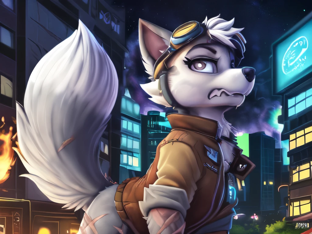 Gasket, ((Paw Patrol)), ((female solo)), domestic dog, female, adult female, brown eyes, (((gray fur)), ((gray body)), (wearing brown leather jacket:1.25), (wearing spike wristband:1.25), (feral:2.25) (quadruped:2.25), (hair over eyes:1.25), (white hair:1.25), ((sharp teeths)), ((large fangs)), gray eyes, (Shiny eyes:1.6), ((Pixar eyes)), perfect eyes, ((glowing eyes)), (hyper realistic:1.65), long fluffy tail, very large tail, tail up, very furry and fluffy, ((very large fangs)), perfect ligthing, (Cyberpunk city at night background:1.25), (building at fire at background:1.65), (back side view:1.45), looking at Viewer, ((seductive break)), ((spread legs)), spread legs, (rajii:1.1) (dimwitdog:1.1), (thesecretcave:1.25), (cooliehigh:1.1), (miles-df:1.1), (complextree:1.1), (pixelsketcher:1.1), (foxovh:1.1), (zaush:1.1), (avante92:0.70), (meesh:1.1), (inu-sama:0.80), (cervina7:1.1), (F-R95:0.70), (R-mk:1.1), (xpray:1.1), (standing tall:1.65), (large fluffy tail:1.65), (close up to face:1.25), (pissed off expression:1.45), (scars all over her body:1.65), (wearing long goggles over head:1.65), (starry:1.25), (nebula:1.25),