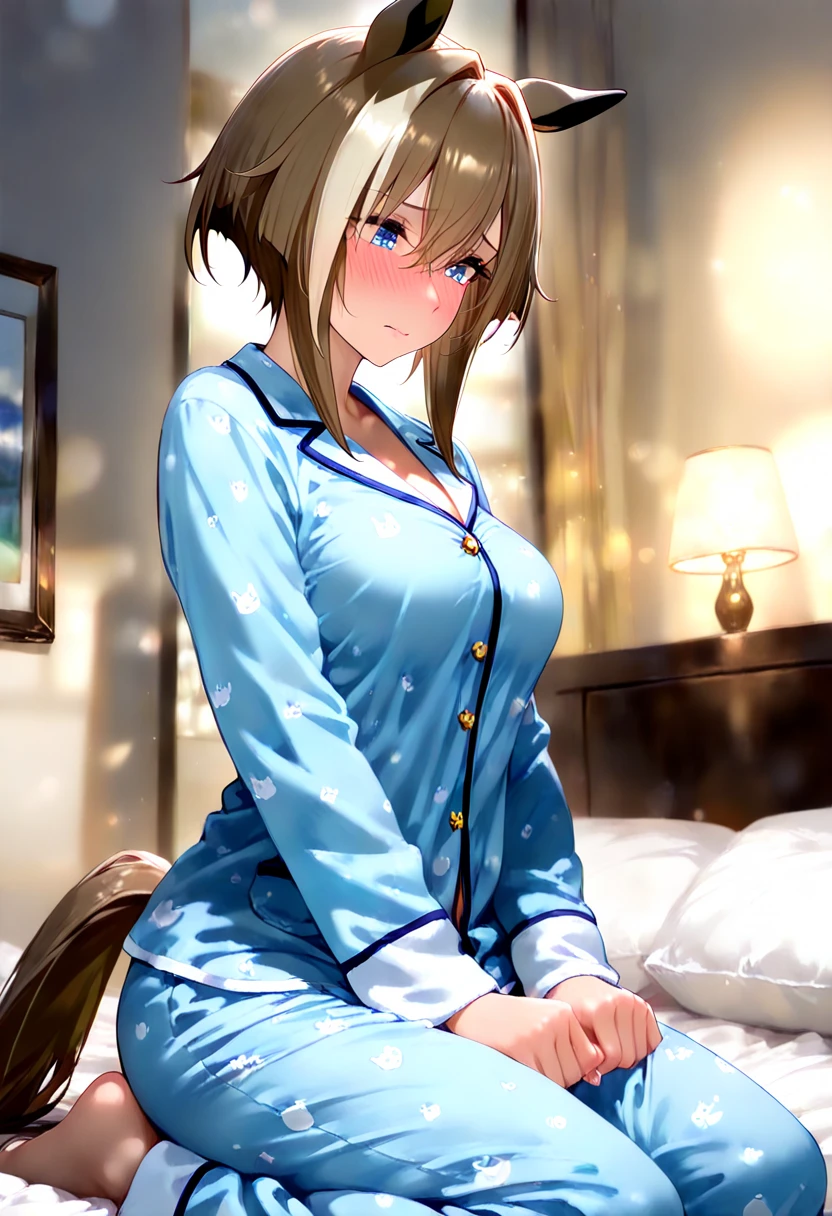masterpiece, best quality, highres, high_definition, very long hair, a hotel, 1girl, solo, a woman in a sexy dress, sexy pose, blush, little smile, bangs, hair_between_eyes, purple eyes, blond hair, ponytail, medium_breasts, sexy, seductive pose, sexy pose, very long hair, Lying in bed, lingerie, sexy lingerie, yukata, touching breast,