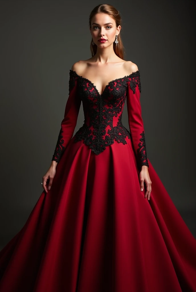 red and black dress on mullet style with layers without puffy shoulders based on game of thrones and house of the dragon for prom that is hollywood based