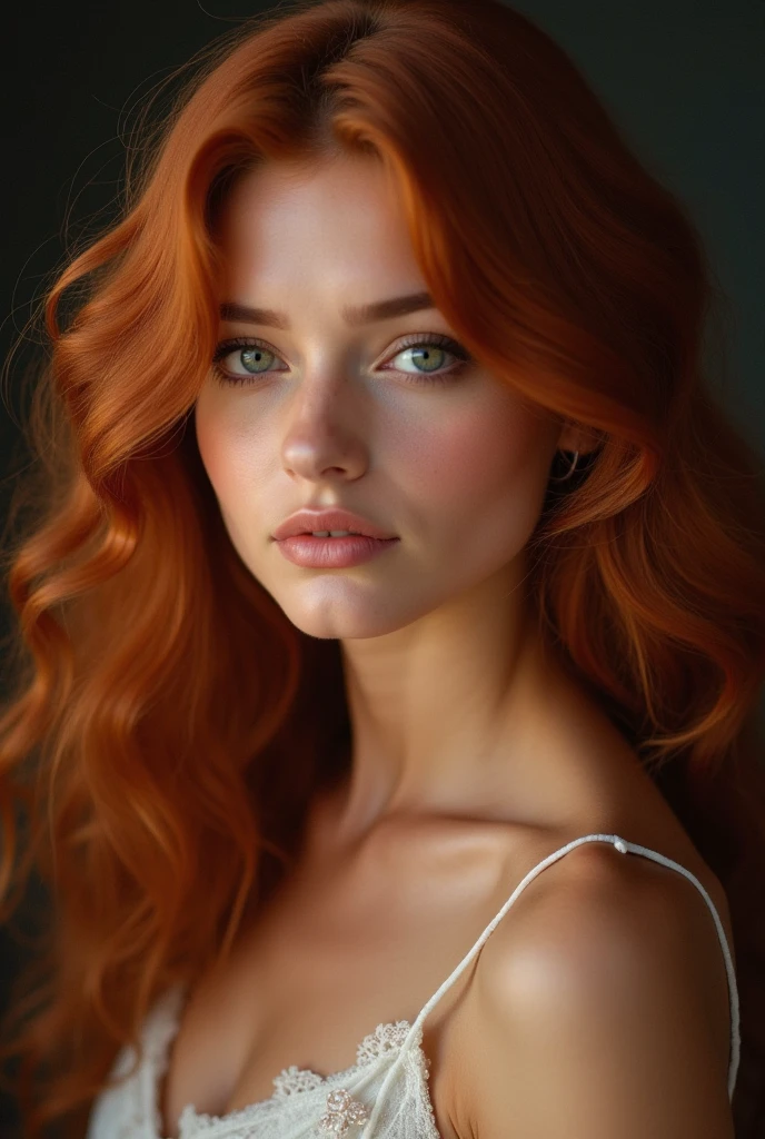 (8K, HDR, high resolution), ((((Photography, RAW photo, hyperrealism, masterpiece, best quality, ultra high resolution)))), beautiful young red-haired woman, detailed face, detailed skin texture, in the shower, wide shot, hands in hair, loving look