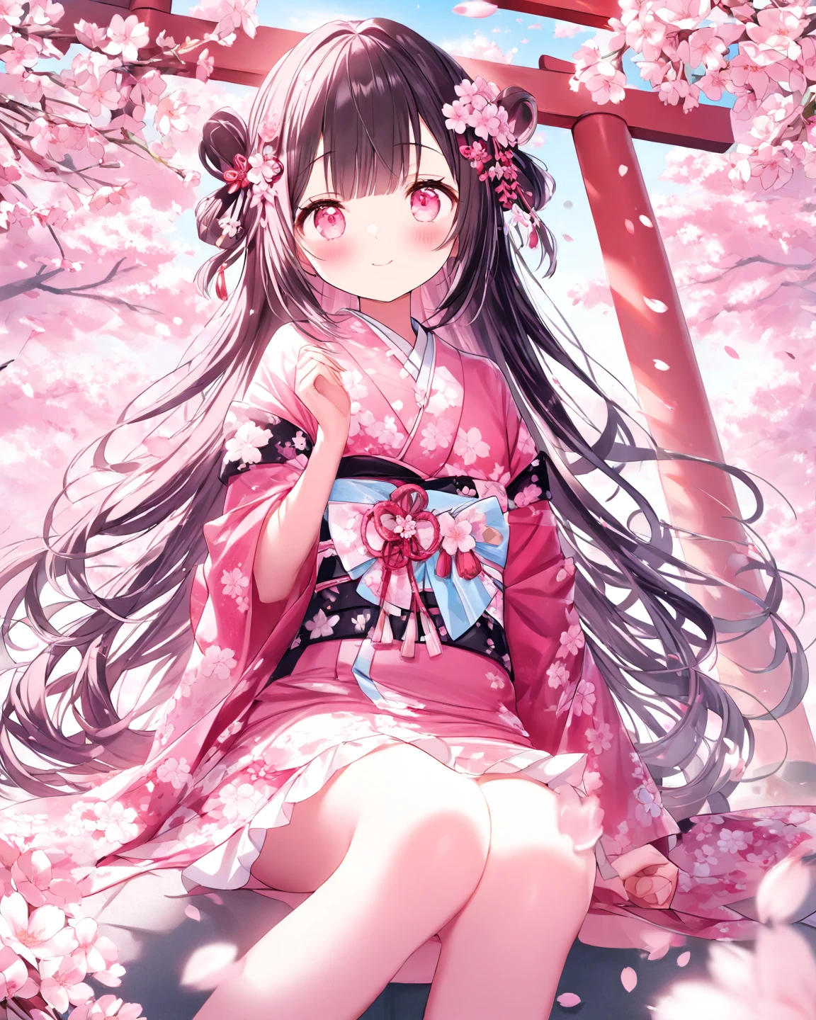 Pink cherry blossom tree，The child is sitting under the tree.，Children wearing Hanfu，Petals in hand。