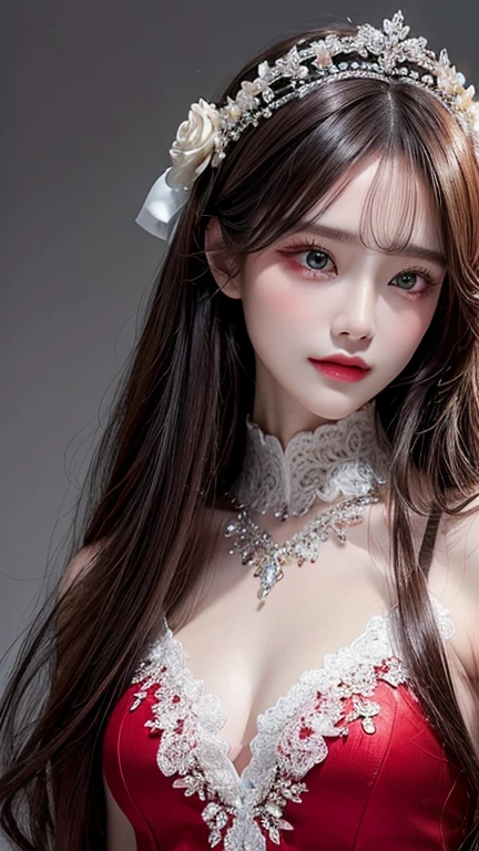 (highest quality, High resolution, Realistic:1.2), Dramatic lighting, oil, Detailed skin texture, flowing long hair, Elegant pose, Bright colors, fine brush strokes, Portrait, Realistic makeup, intense gaze, Delicate features, Complex background, Professional illustrations、((Lace fabric 1.5)))、small breasts 1.5、Long dress