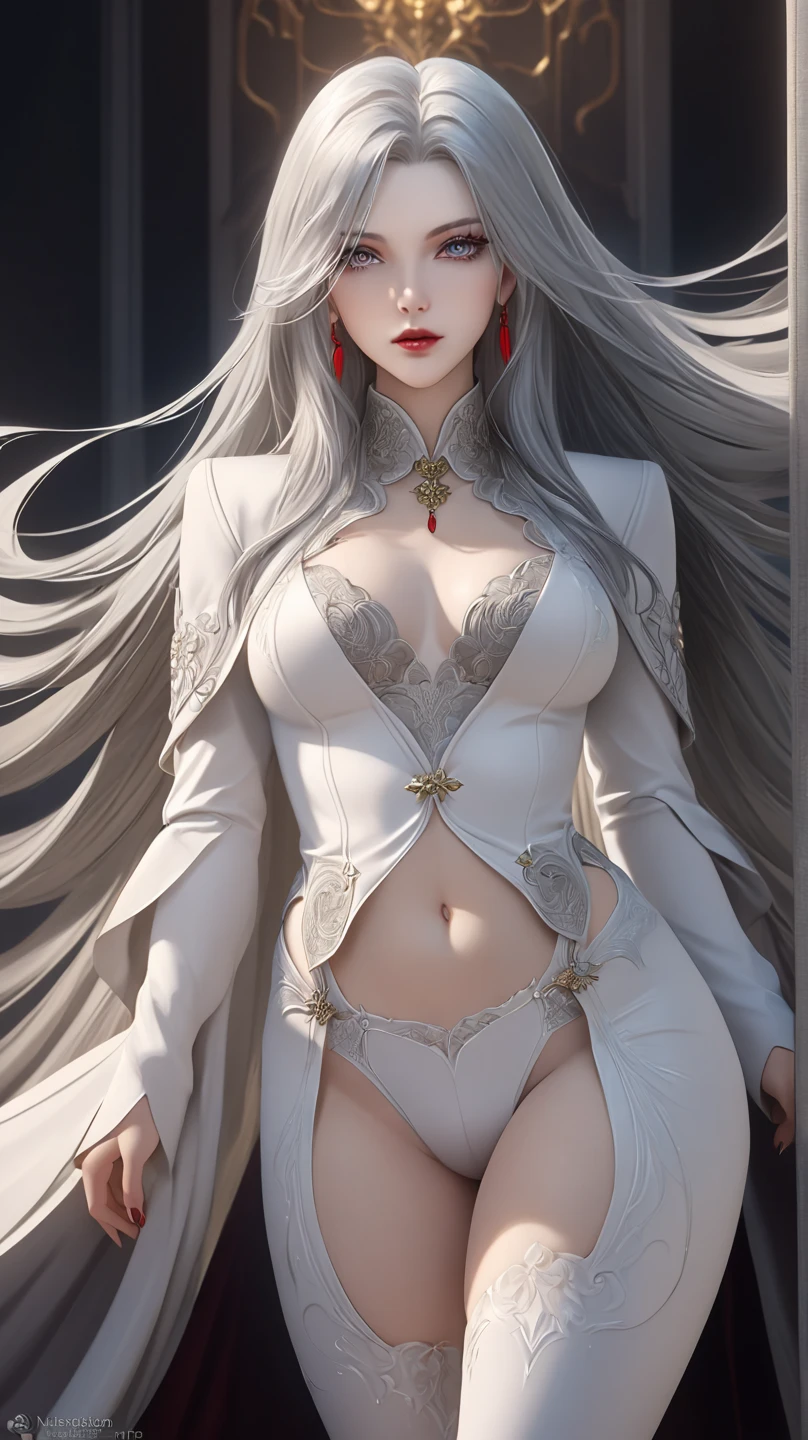 In a masterful display of artistic prowess, Lucifer from Helltaker emerges as the focal point of a hyper-realistic 8K human portrait. Clad in a formal suit featuring a striking red shirt, black pants, and a matching black necktie, she commands attention with her serene expression and captivating smile, her gaze fixed directly upon the viewer. The oval-shaped contours of her face, adorned with high cheekbones and a refined nose, exude an aura of elegance and sophistication. Her eyes, almond-shaped and bewitching, mesmerize with their striking red crimson irises, framed by gracefully arched eyebrows and thick, voluminous lashes that curl upwards. Luxuriant waves of light-white hair cascade around her, catching the light in subtle platinum highlights, while her smooth, porcelain-like skin radiates a subtle glow, suggesting vitality and allure, an elegant mix of botanical and geometric patterns that enhance her already captivating presence. Her attire, a black dress accentuated by a matching choker around her neck, serves to underscore her beauty and sophistication. Standing tall and confident, Lucifer possesses very large bosoms, fitting into an I-sized cup, which accentuate her figure and add to her allure. Rendered with meticulous attention to detail and realism, this portrait captures every nuance of Lucifer's appearance, from the delicate contours of her face to the subtle textures of her clothing and skin. Set against a deep matte black background, she stands as a timeless symbol of beauty and allure, her dynamic pose and perfect anatomy drawing the viewer into her world. This high-resolution masterpiece transcends mere artistry, offering a glimpse into the depths of Lucifer's character and personality. With its cinematic composition and meticulous attention to detail, it stands as a testament to the artist's skill and vision, a true masterpiece in every sense of the world. full body