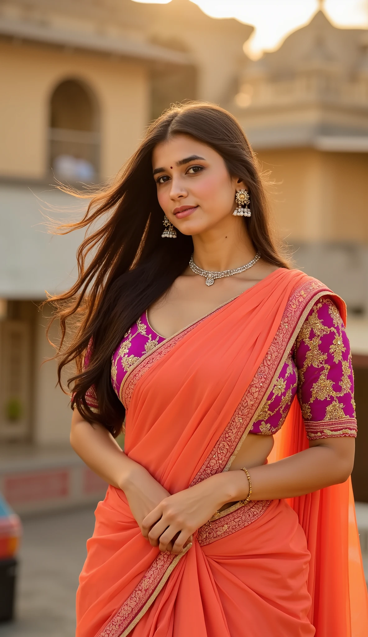 portrait of a graceful Indian woman wearing an intricately embroidered red and gold lehenga, standing elegantly in a royal palace, warm golden hour lighting, soft focus background, ultra-detailed fabric texture, cinematic depth of field, hyperrealistic, 8k --ar 3:4