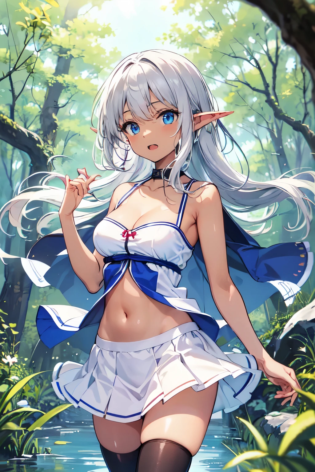 score_9,score_8_up,1girl,elf ears,solo,(silver hair),(side hair),blue eyes,curvy flat chest boob, ,open-chest sweater mini skirt,gothic countryside daytime,pretty, kaleidoscopic theme,blurry background,blurry,depth of field,from below,