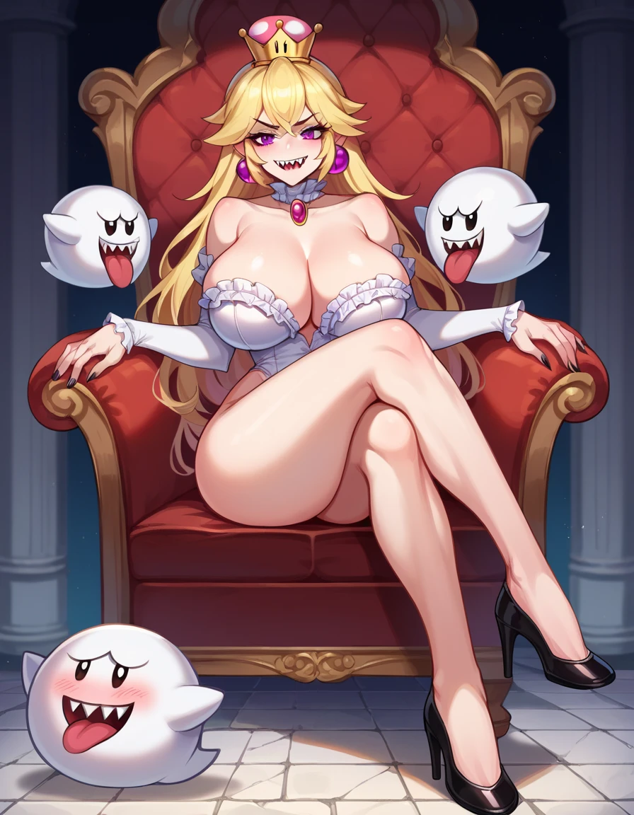score_9, score_8_up, score_7_up, score_6_up, source_anime, bowsette, indoors , naked, grinning, sitting on a bed, one leg up, barefoot, five toes, grinning, legs spread, spreading her pussy lips with her fingers,