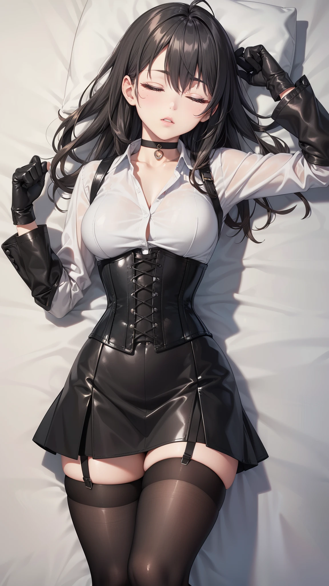 Masterpiece, beautiful art, professional artist, 8K, sciamano240 art style, very detailed face, detailed clothing, Detailed fabric, (A young girl of short stature), (seen from above)), (((lying in bed))), perfectly drawn body , beautiful face, closed lip vest, ((long black hair), asleep, (eyes closed), detailed lips, choker:1.6, (long sleeve buttoned white collar shirt), black gloves, gloves that cover my hands , (black leather corset), (short black skirt), ( brown stockings),