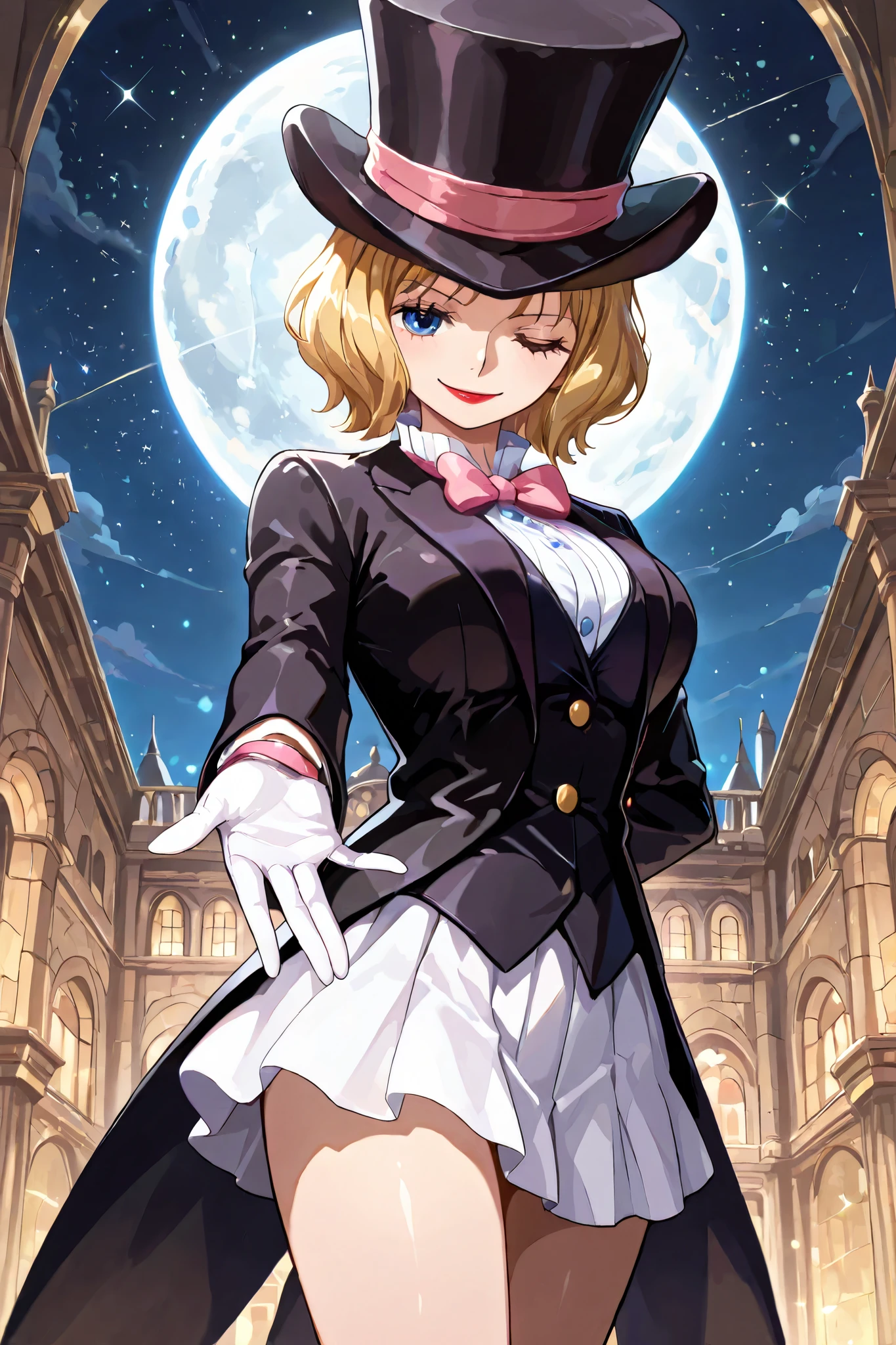 (masterpiece, 2k, high detail) solo, 1girl, stussy, one piece, short hair, blonde hair, red lipstick, blue eyes, sleek legs,( large black silk top hat, pink band) black tuxedo jacket, white shirt under tuxedo jacket, pink bowtie, white miniskirt, ((white gloves)), (smiling, graceful, serene), (dapper), posing in a marble courtyard, night scene, starry background, full moon in the sky, bowing, one hand behind back, offering one hand to the viewer, prim and proper pose, elegant pose, razzle dazzle vibes, close up shot, facing the viewer, eyes closed