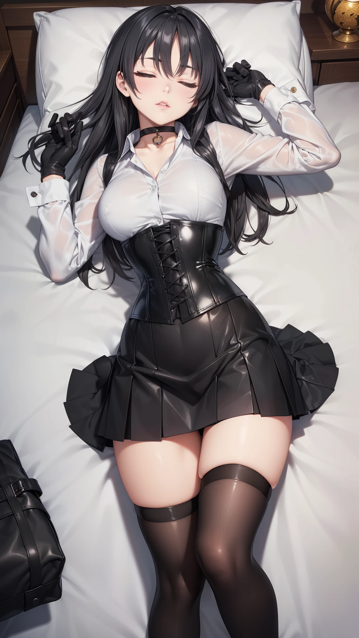 1 woman, YOUNG, Being in a hotel,(Lying on her back in bed:1.4),(Open your legs:1.4),(legs are raised :1.5),(top down view),
(((Masterpiece))), ((The best quality)), ((intricate details)), ((ultra-realistic realism)), 4k resolution, Transparent, Very detailed, lightning, 1 girl, ((big breasts)), (pink areola),perfect hand, detailed finger, Beautiful detailed eyes,wavy curly black hair, with brown eyes, (White crop top),(Breasts come out of clothes.), choker:1.6 White Long Sleeve Button Up Shirt, shiny black miniskirt, black elbow length gloves, Black thigh high boots, detailed background, Bedrooms, Perfect eyes, seductive eye,raised buttocks,flushed face,(beautiful:1.2),seductive eyes